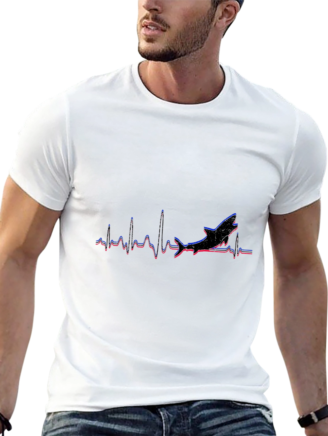 Shark Heartbeat Graphic Tee - Black Cotton T-Shirt