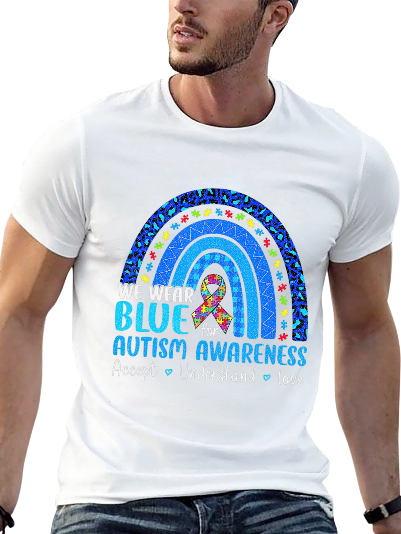 Autism Awareness Blue Rainbow Graphic T-Shirt