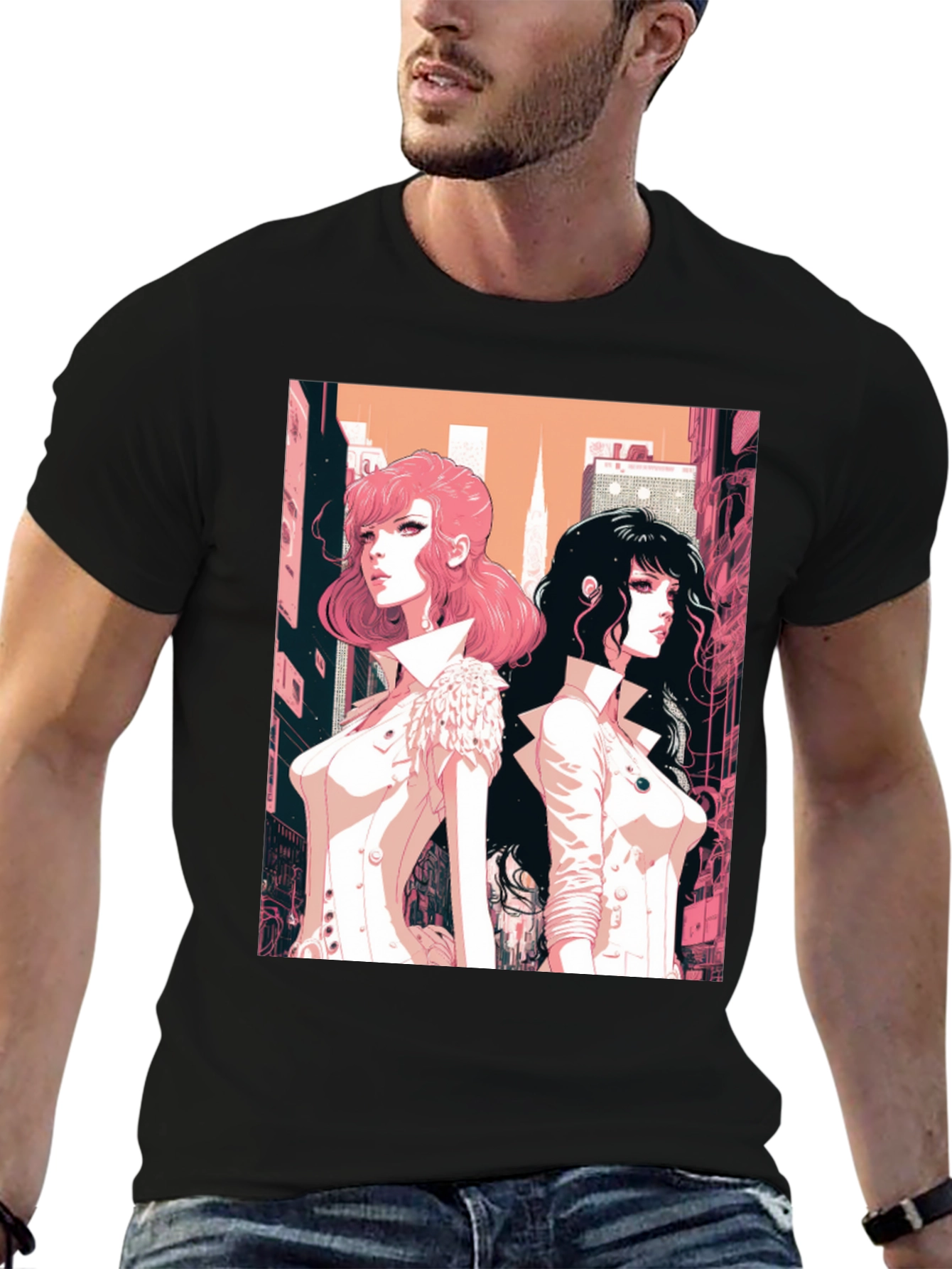 Anime Girls Graphic Tee - Black