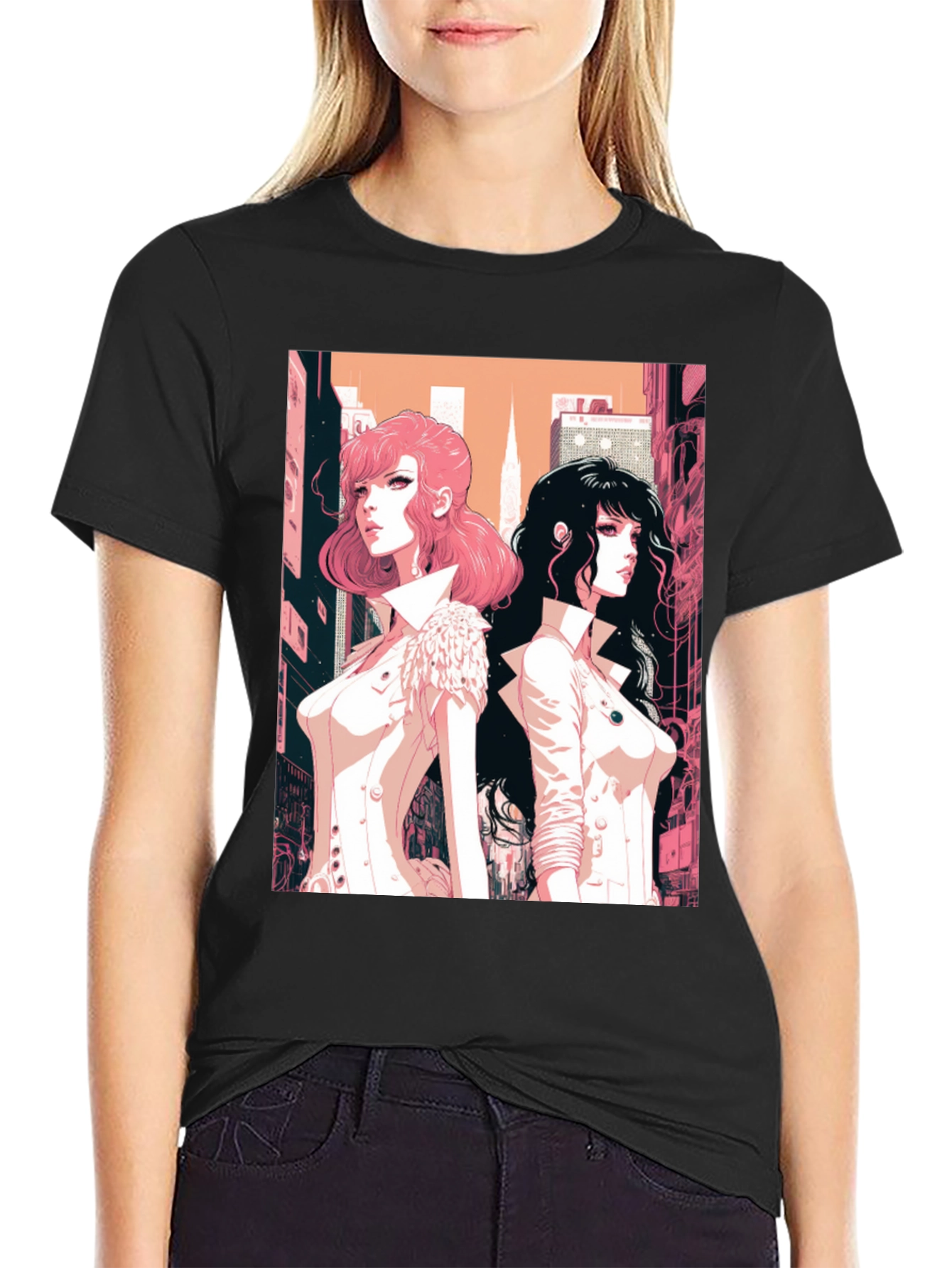 Anime Girls Graphic Tee - Black