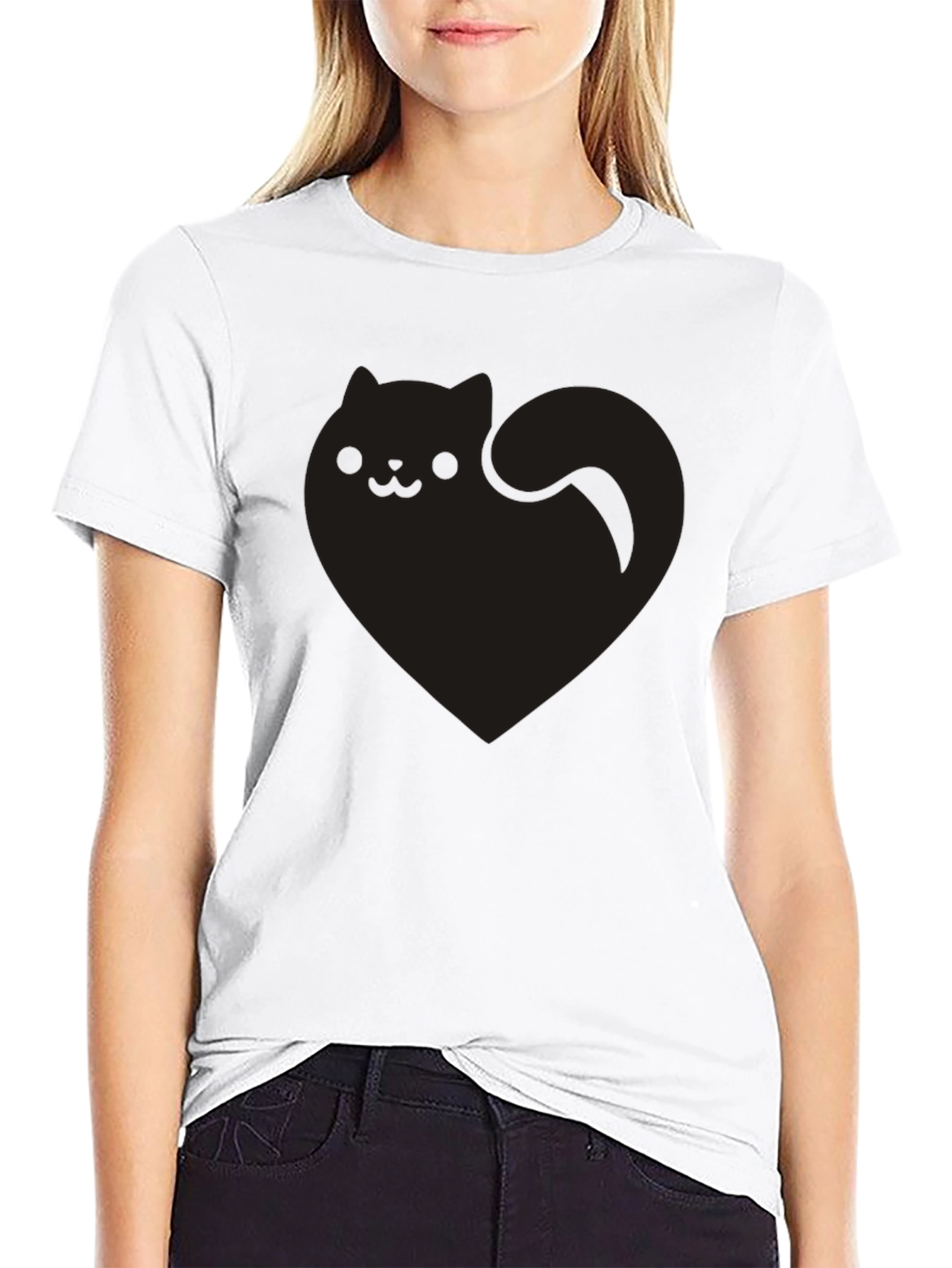 Cute Black Cat Heart Graphic Tee - Soft Cotton