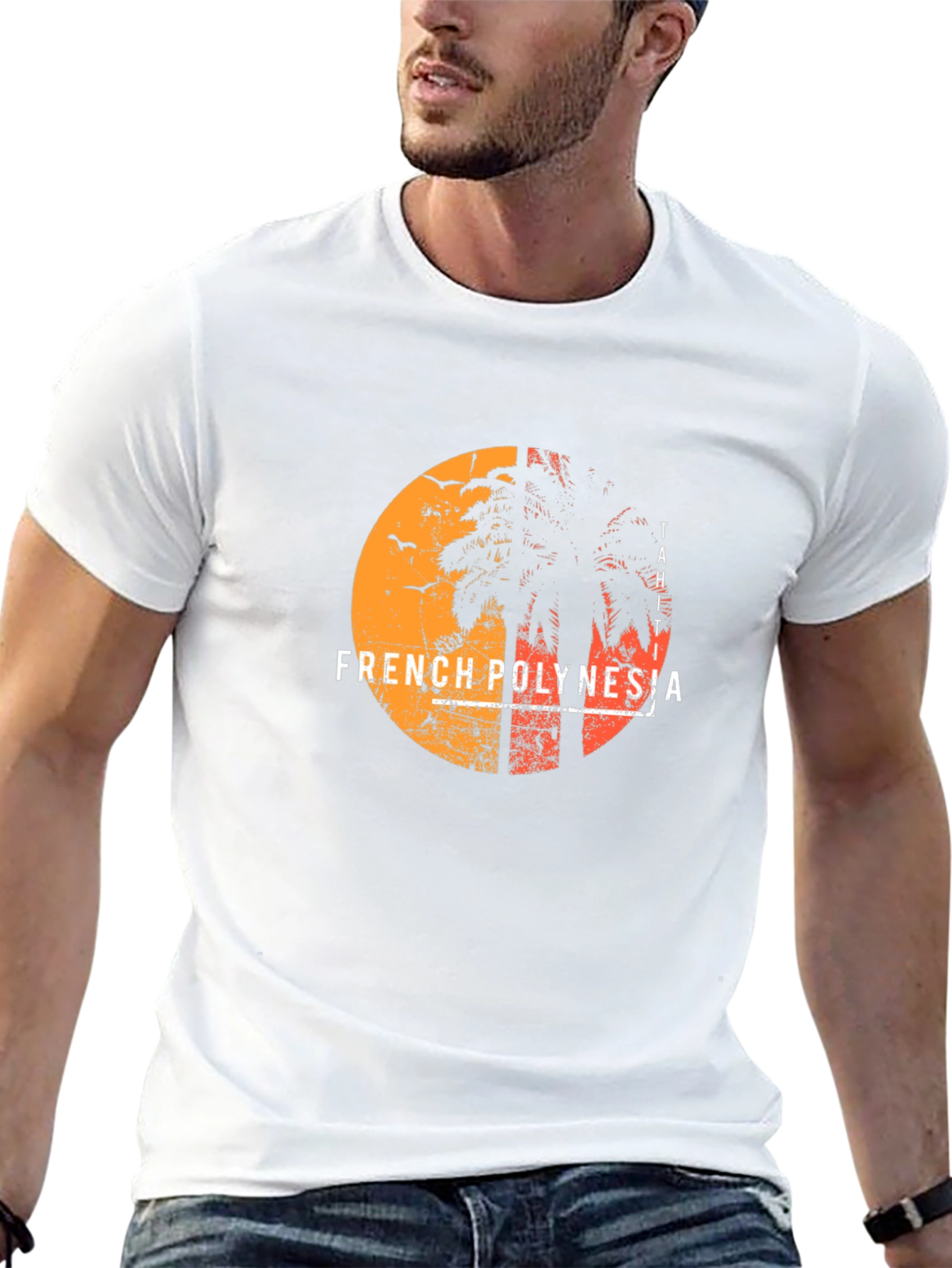 French Polynesia Graphic Tee - Sunset Palm Design