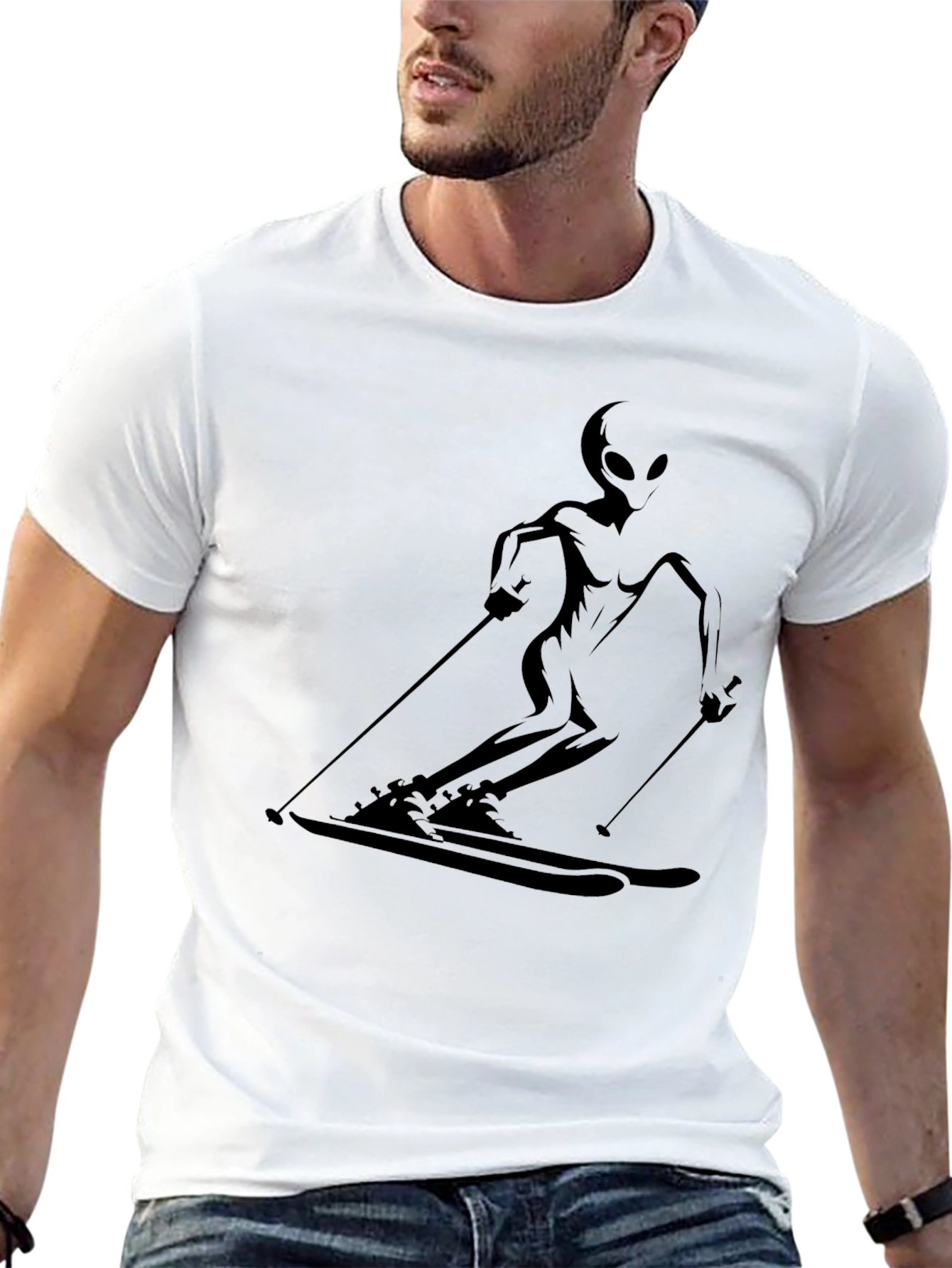 Alien Skiing Graphic T-Shirt - Black