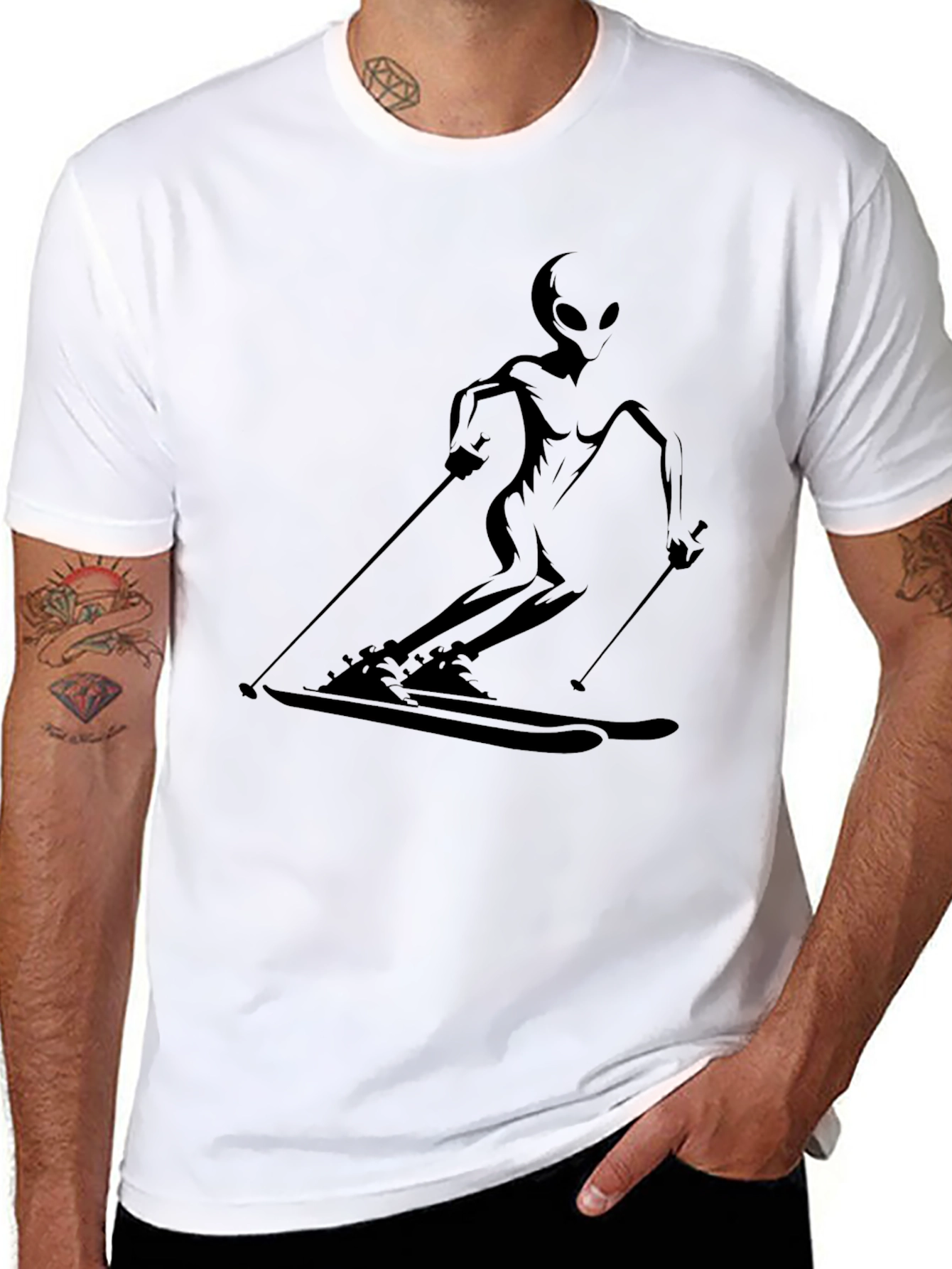 Alien Skiing Graphic T-Shirt - Black
