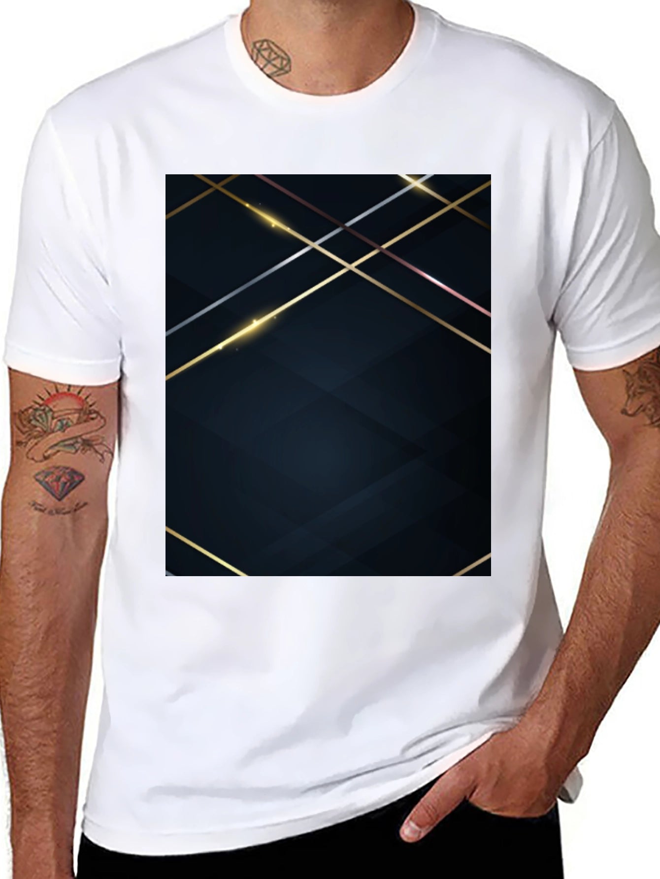 Stylish Black Tee with Geometric Gold Accent