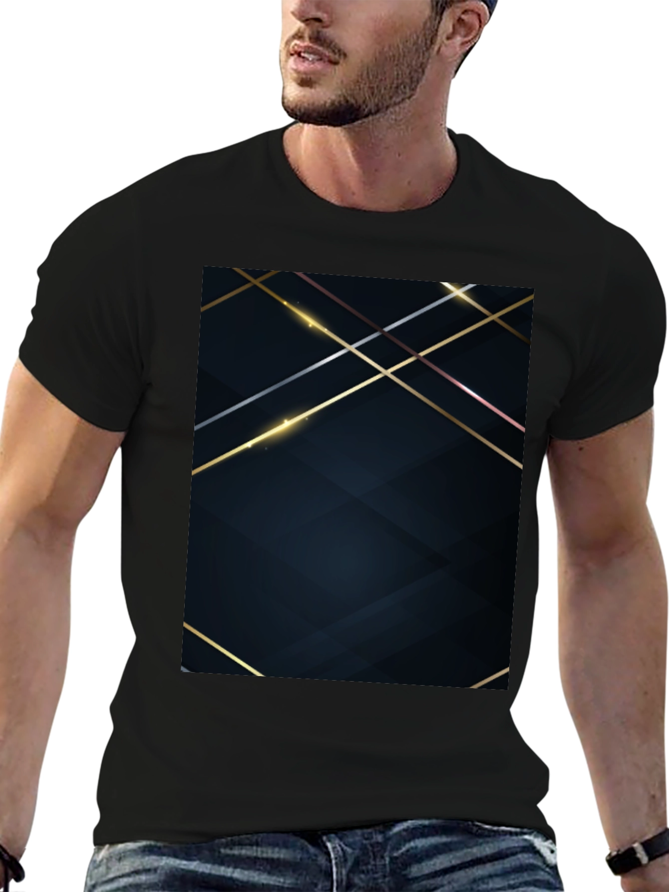 Stylish Black Tee with Geometric Gold Accent