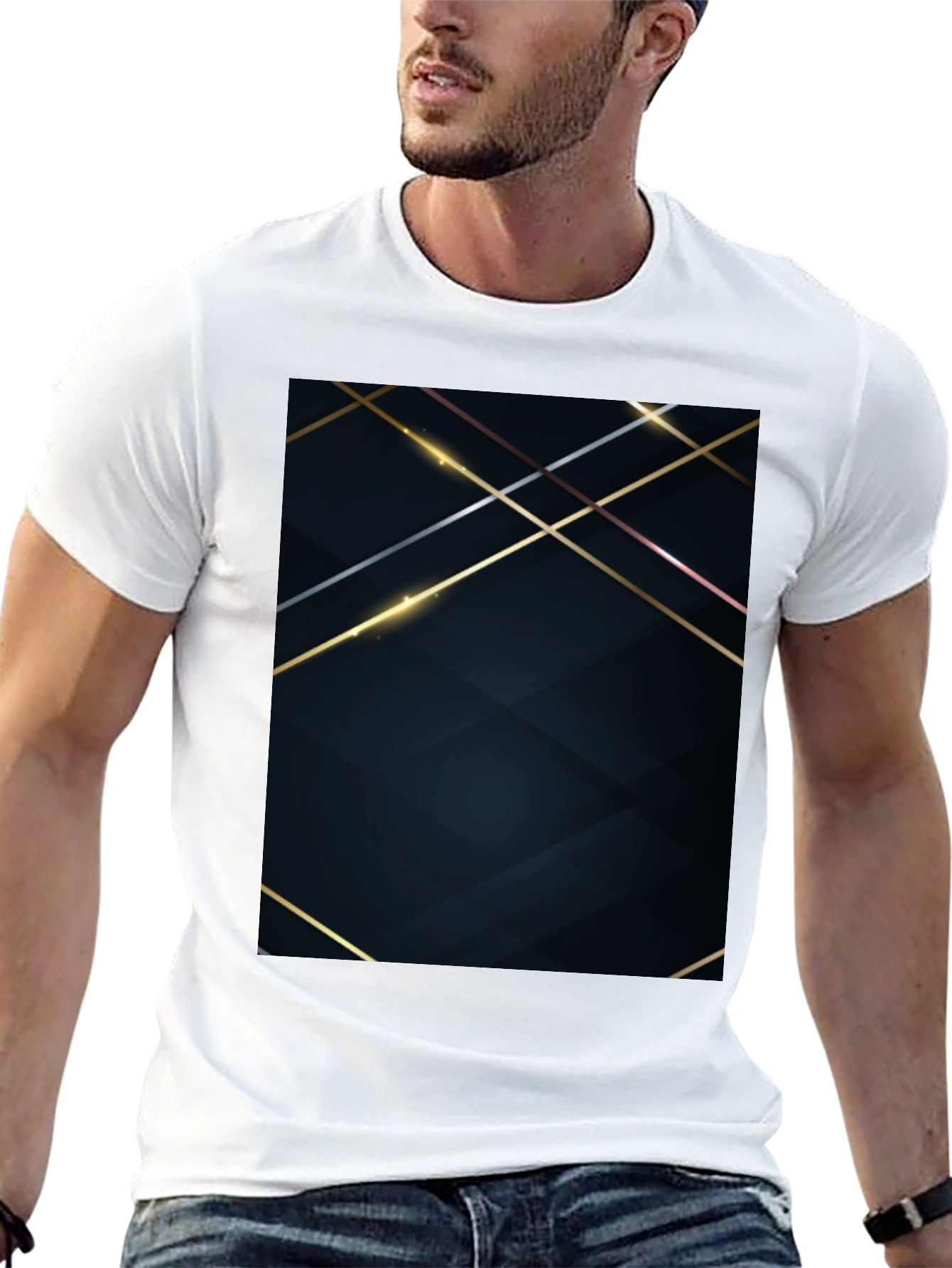 Stylish Black Tee with Geometric Gold Accent