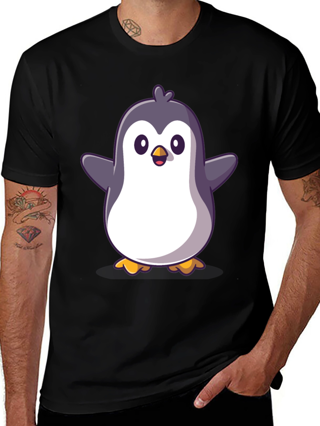 Cute Cartoon Penguin Graphic Black T-Shirt