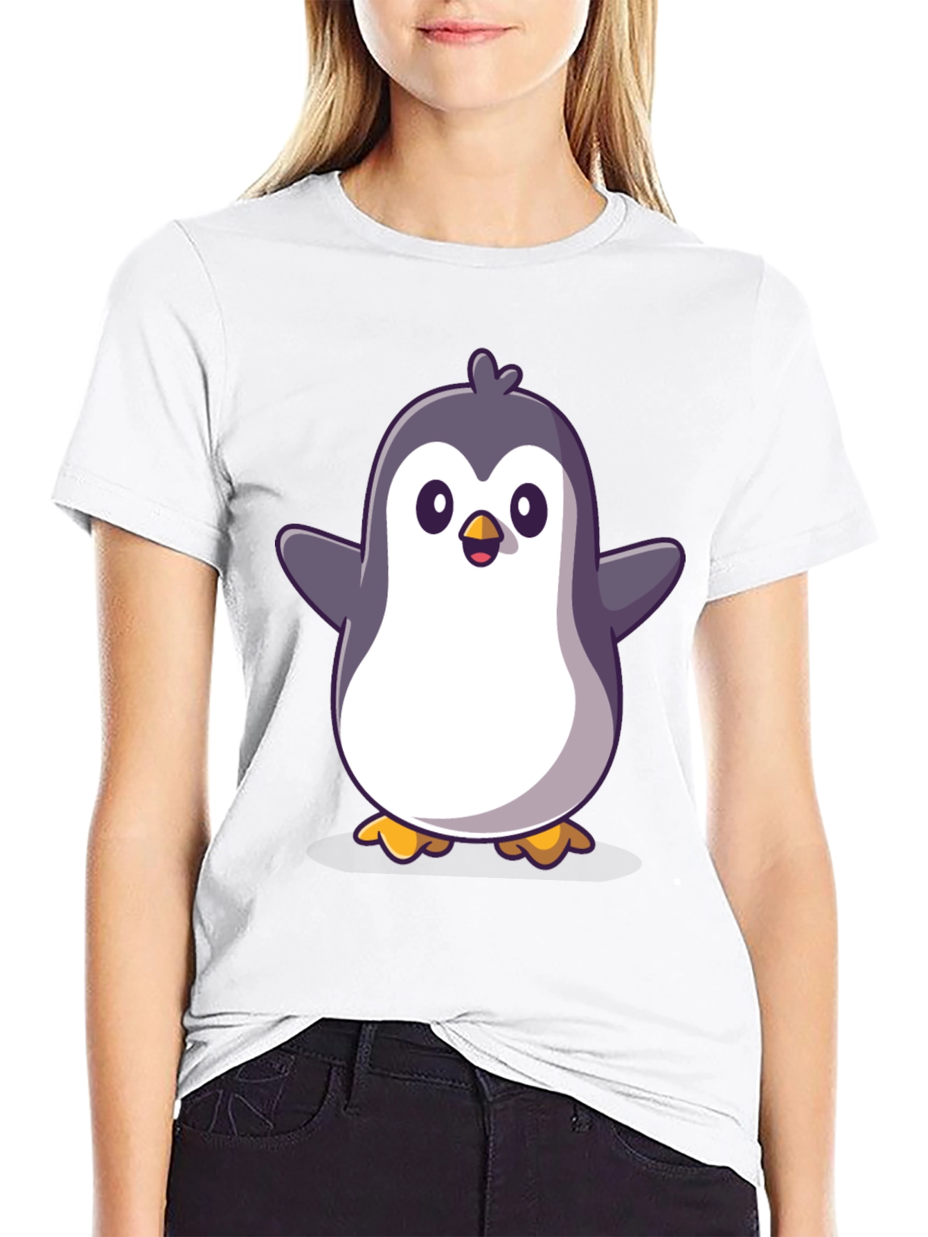 Cute Cartoon Penguin Graphic Black T-Shirt