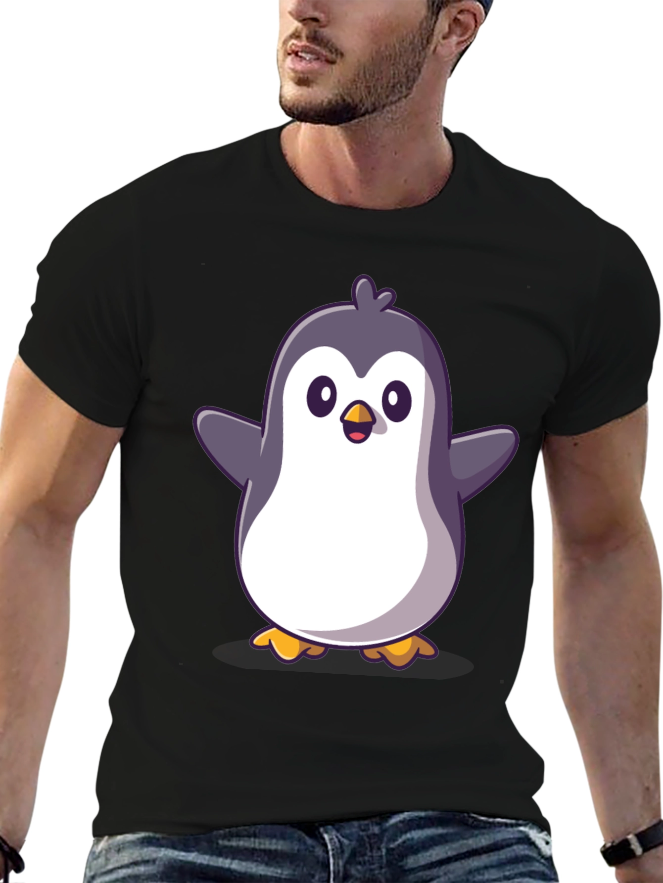 Cute Cartoon Penguin Graphic Black T-Shirt
