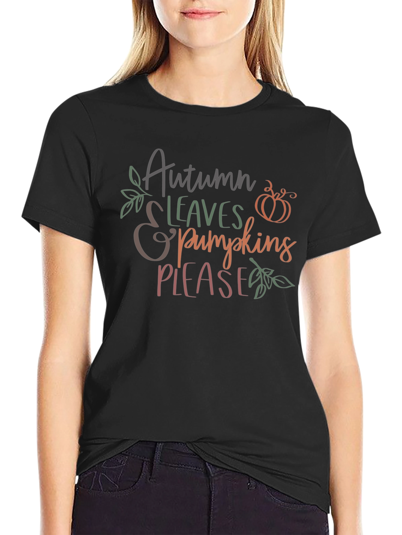 Autumn Leaves & Pumpkins Please Graphic T-Shirt