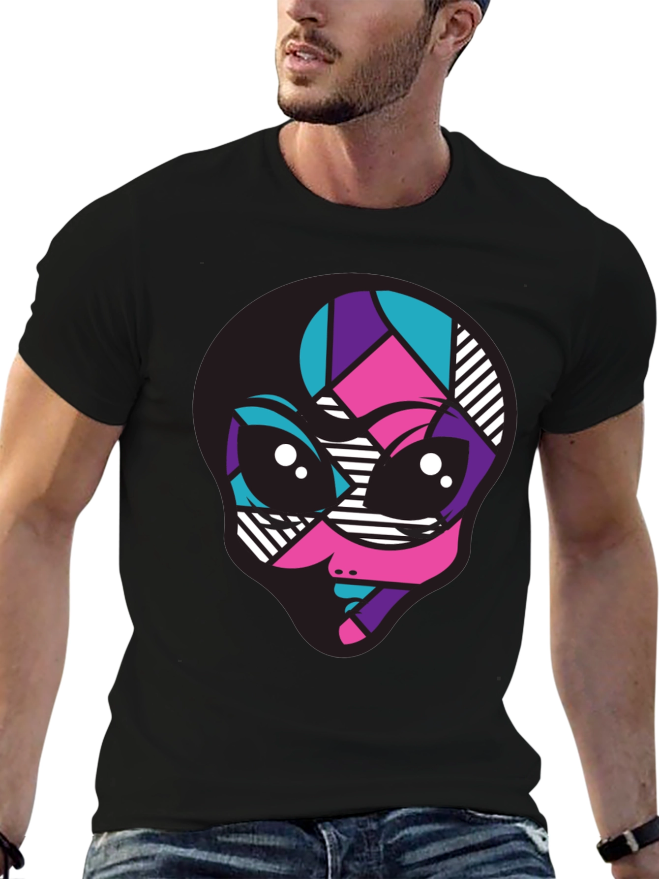 Vibrant Alien Graphic Tee - Black Crew Neck