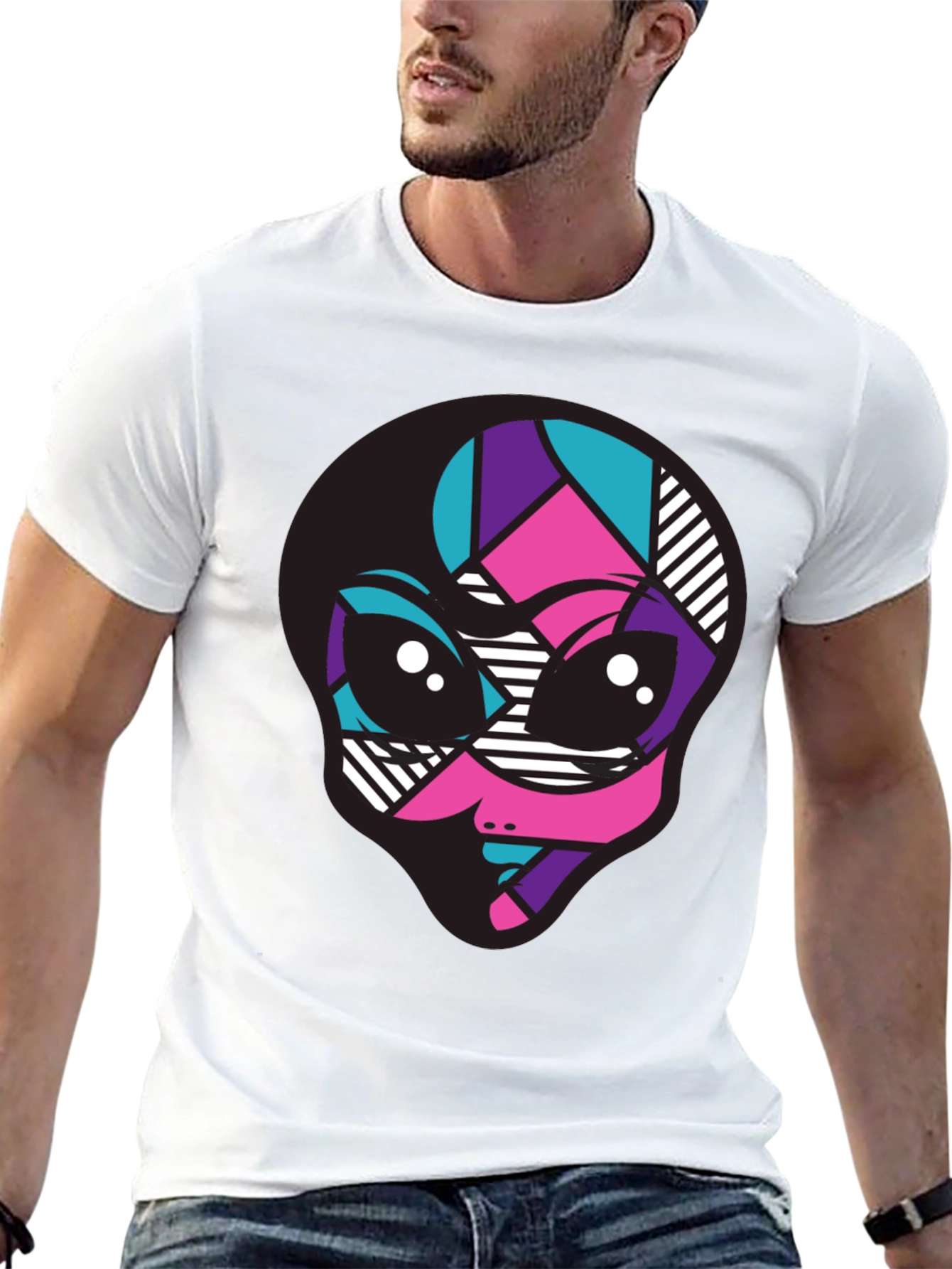 Vibrant Alien Graphic Tee - Black Crew Neck