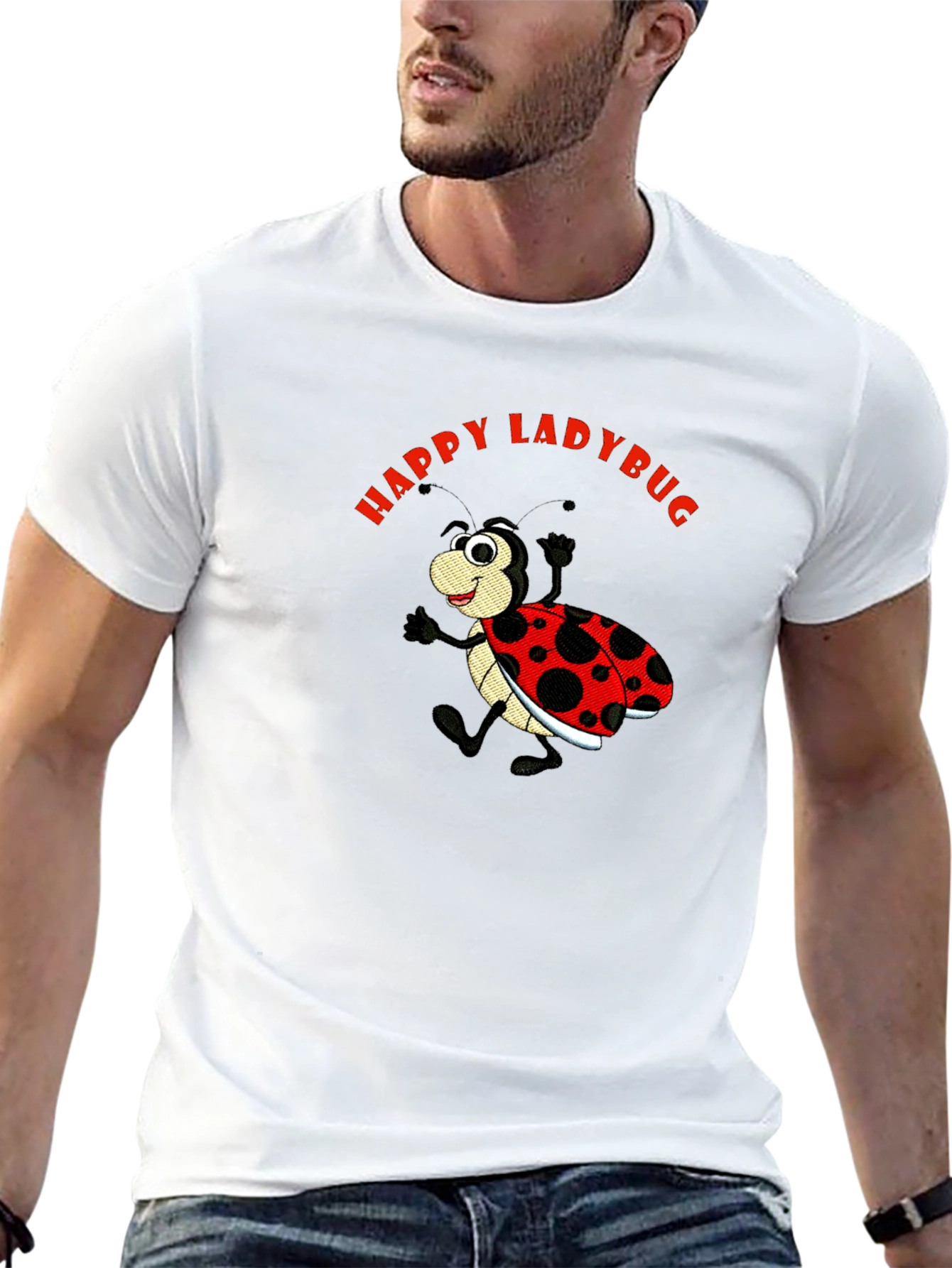 Happy Ladybug Black Cotton Graphic Tee