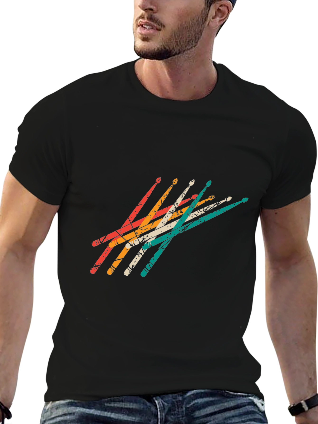 Retro Drumsticks Graphic Tee - Black Casual T-Shirt