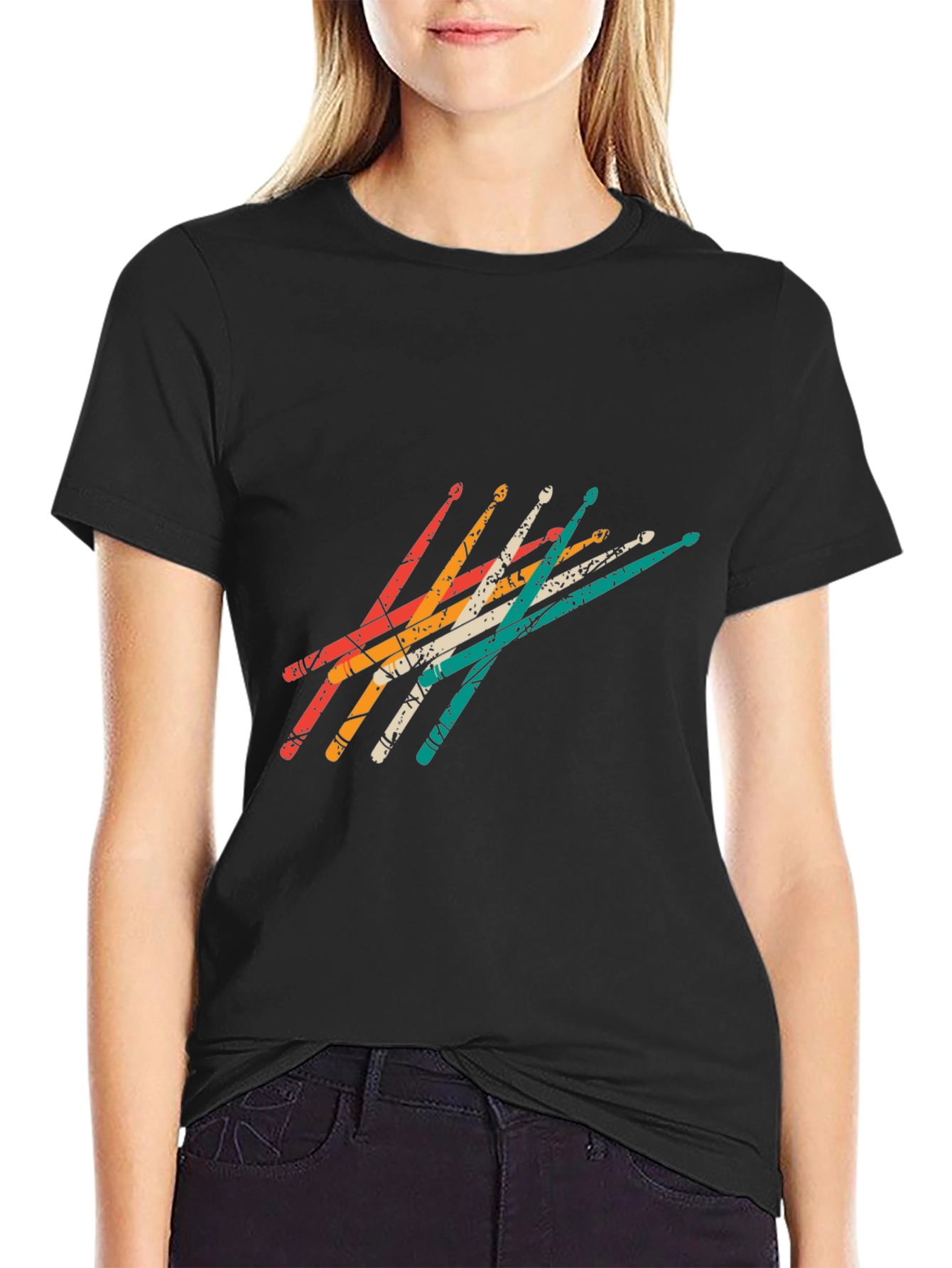 Retro Drumsticks Graphic Tee - Black Casual T-Shirt