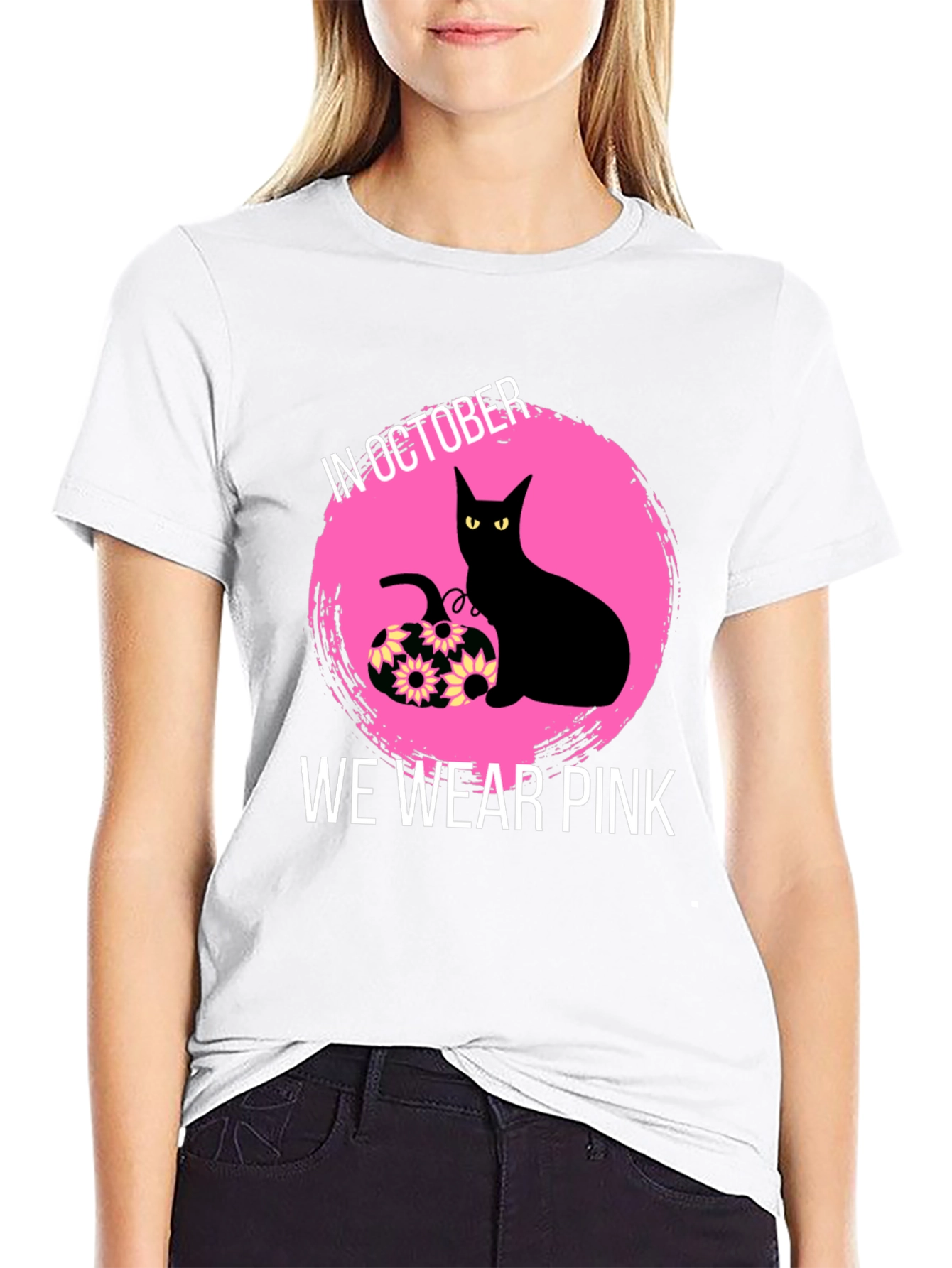 October Breast Cancer Awareness Black Cat T-Shirt
