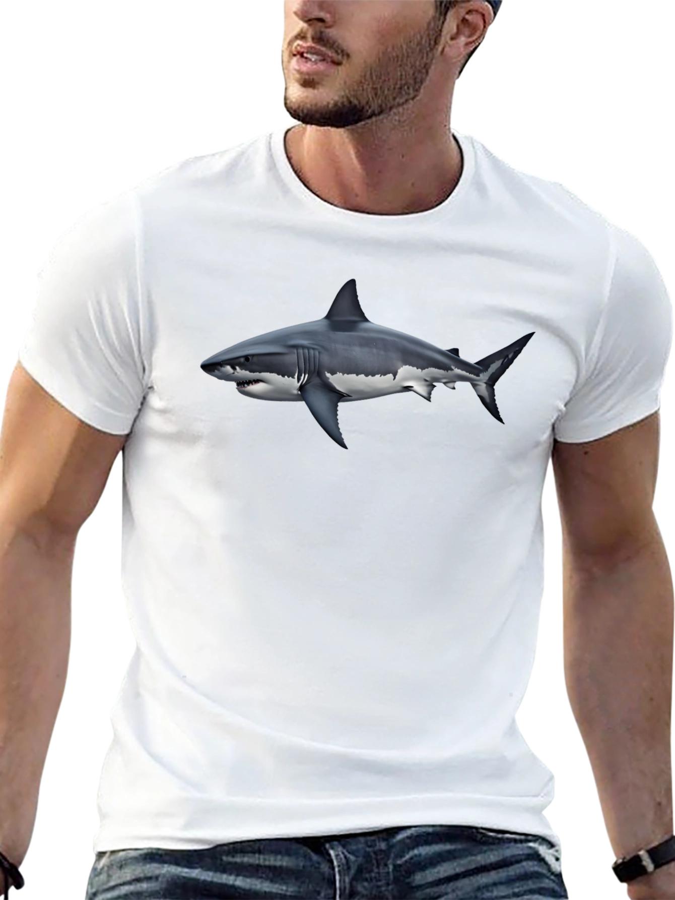 Great White Shark Graphic Tee - Black Cotton Shirt