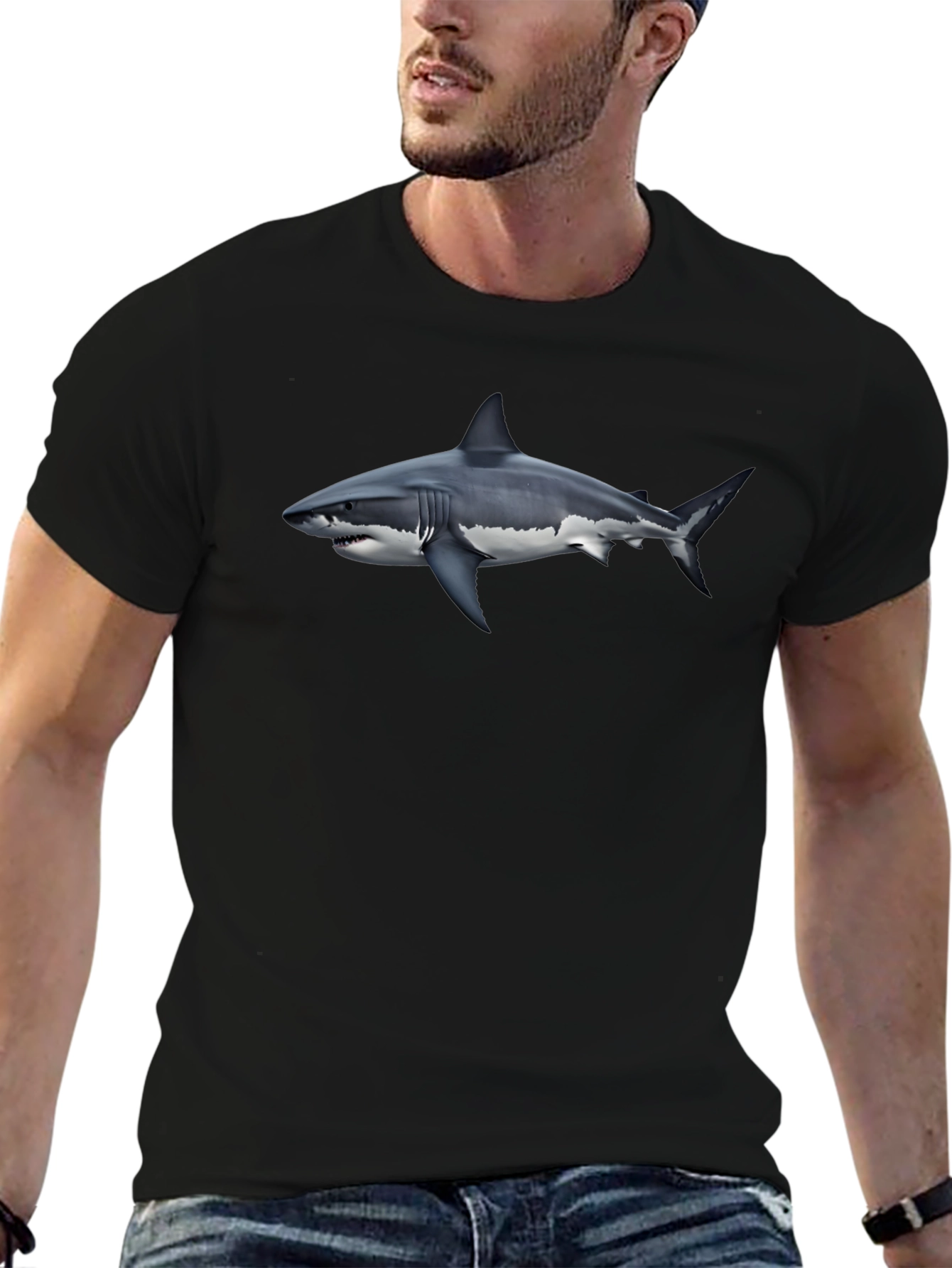 Great White Shark Graphic Tee - Black Cotton Shirt