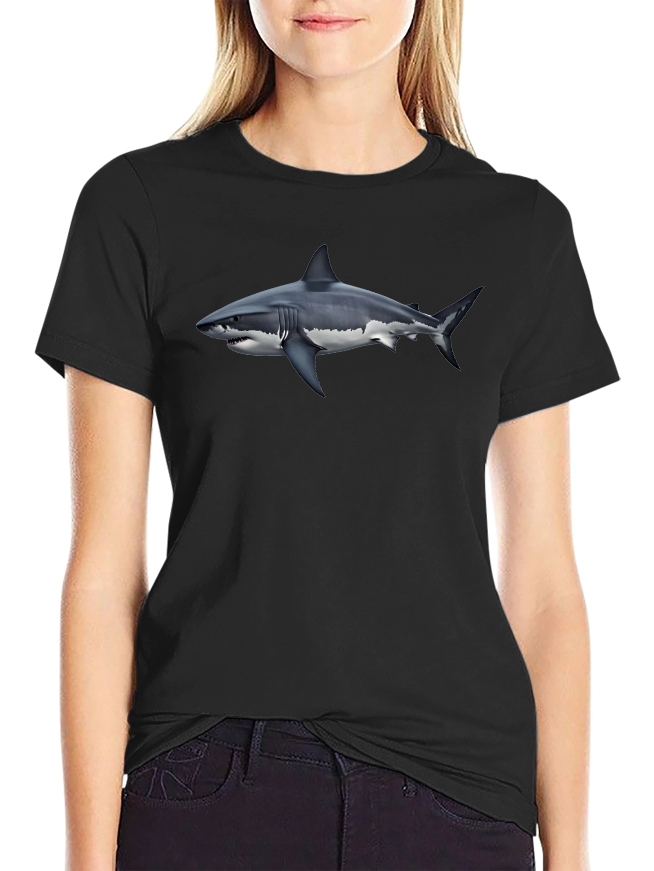Great White Shark Graphic Tee - Black Cotton Shirt