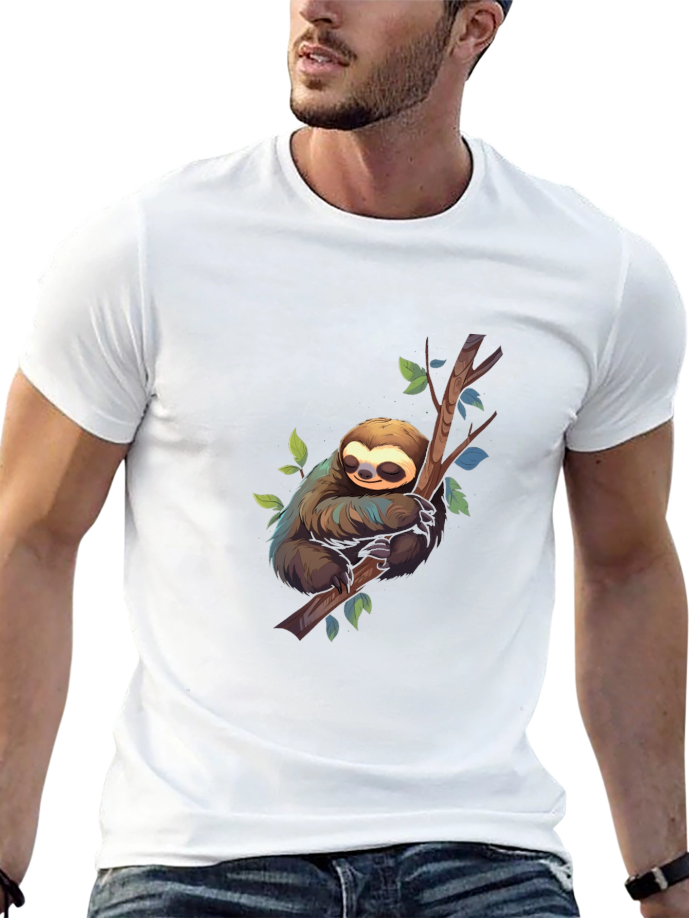 Cute Sloth on Branch Black T-Shirt