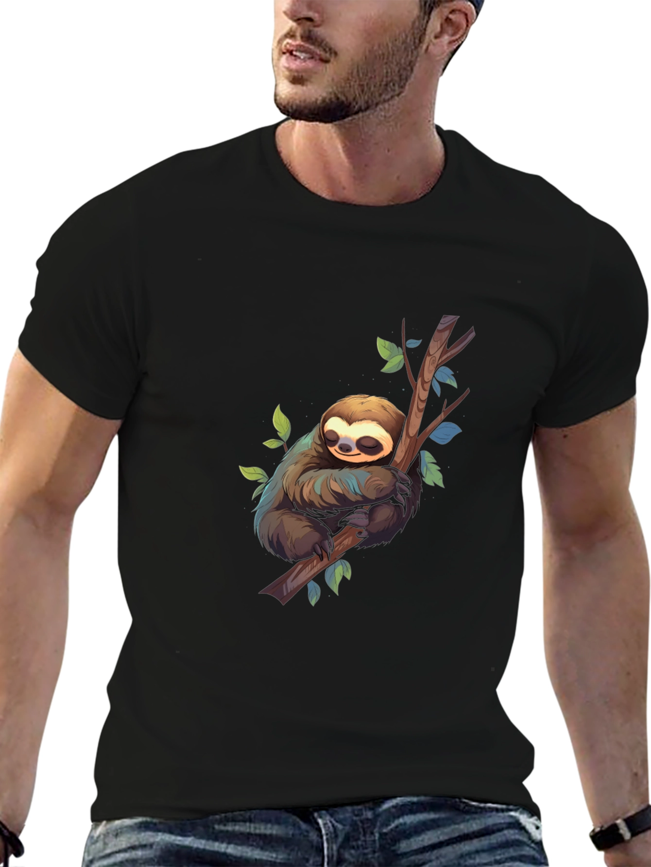 Cute Sloth on Branch Black T-Shirt