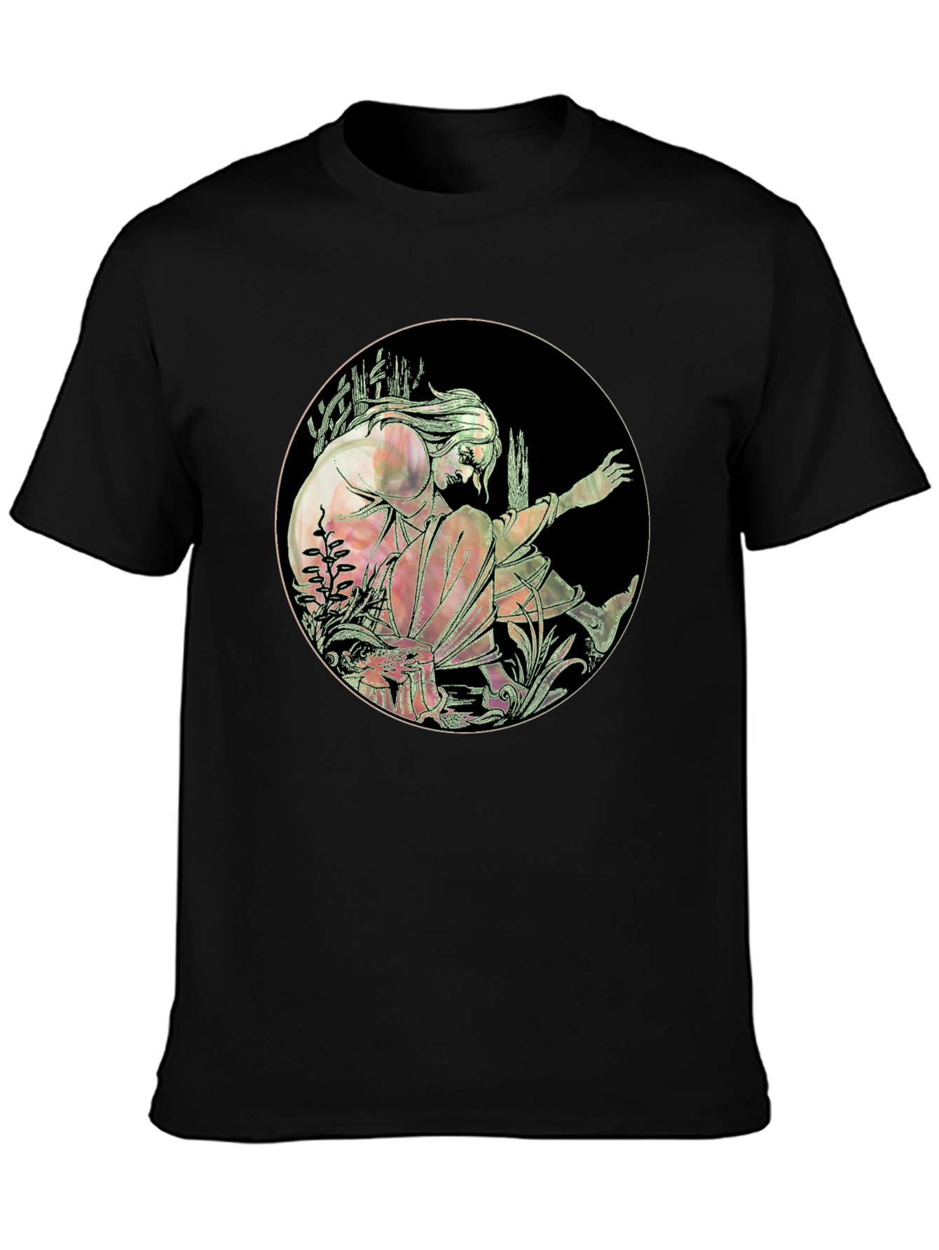 Art Nouveau Style Graphic Print Black T-Shirt