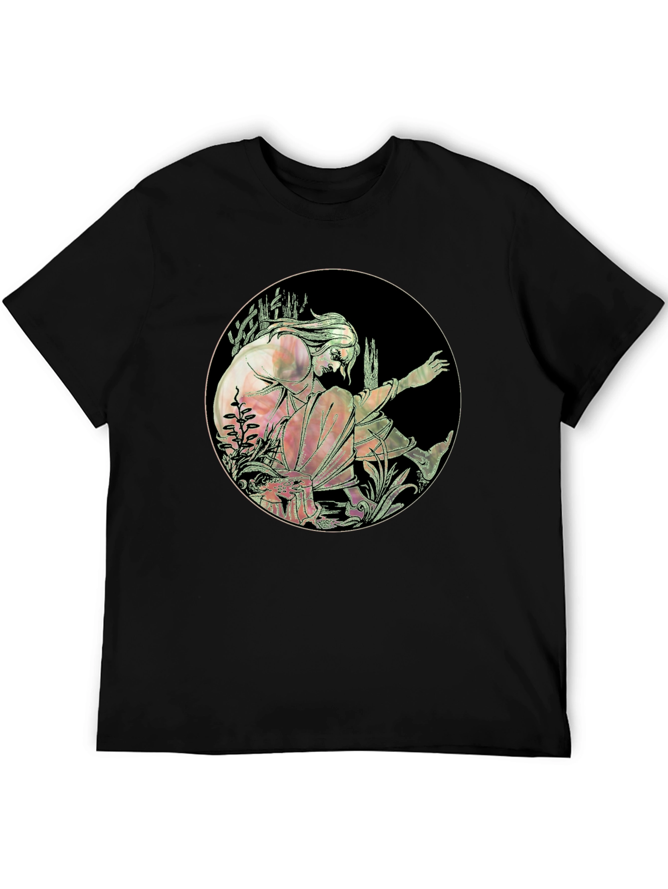 Art Nouveau Style Graphic Print Black T-Shirt