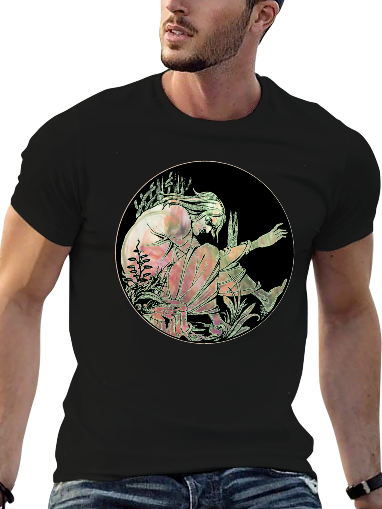 Art Nouveau Style Graphic Print Black T-Shirt
