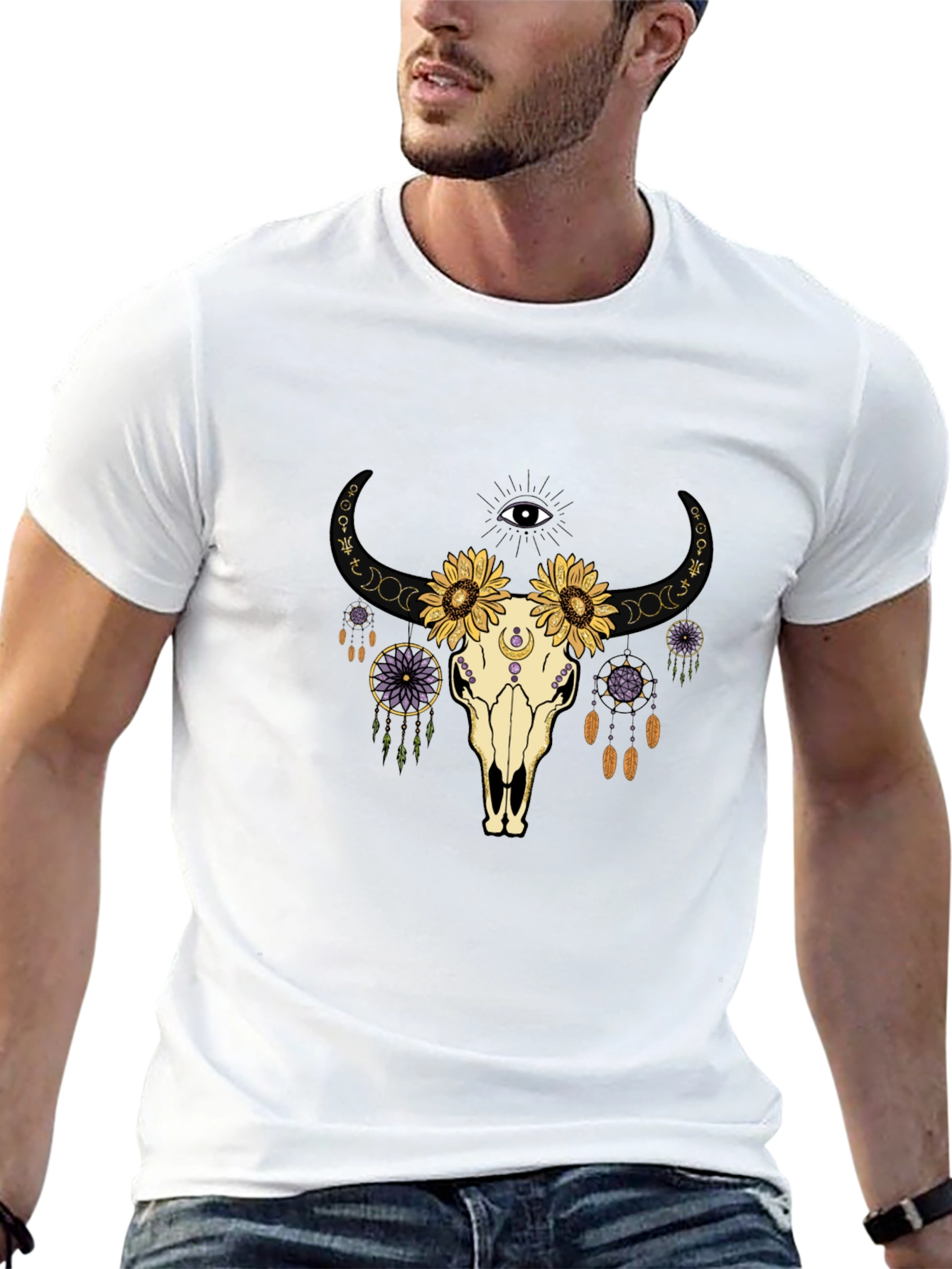 Boho Skull Graphic Tee - Black Cotton