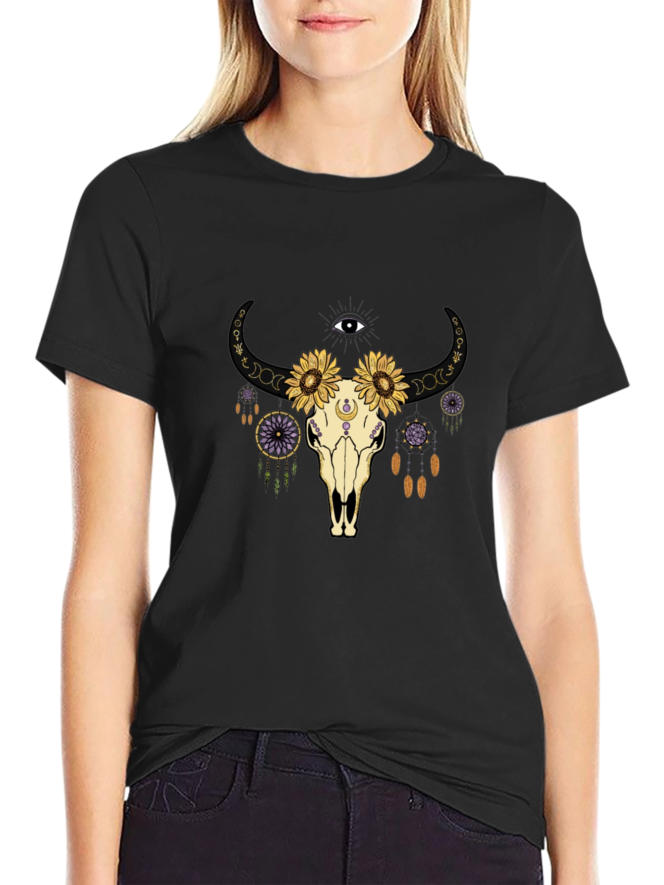 Boho Skull Graphic Tee - Black Cotton