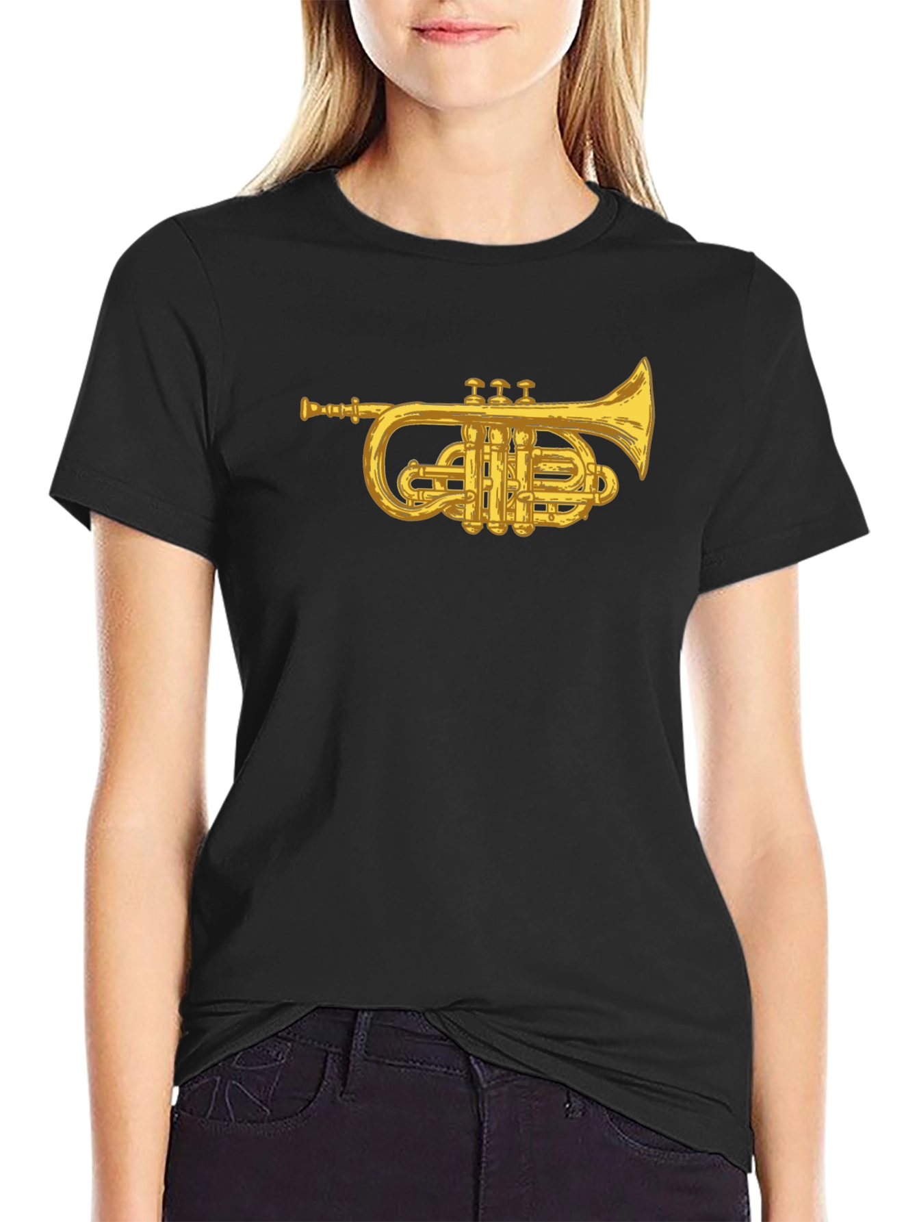 Black T-Shirt with Golden Trumpet Graphic