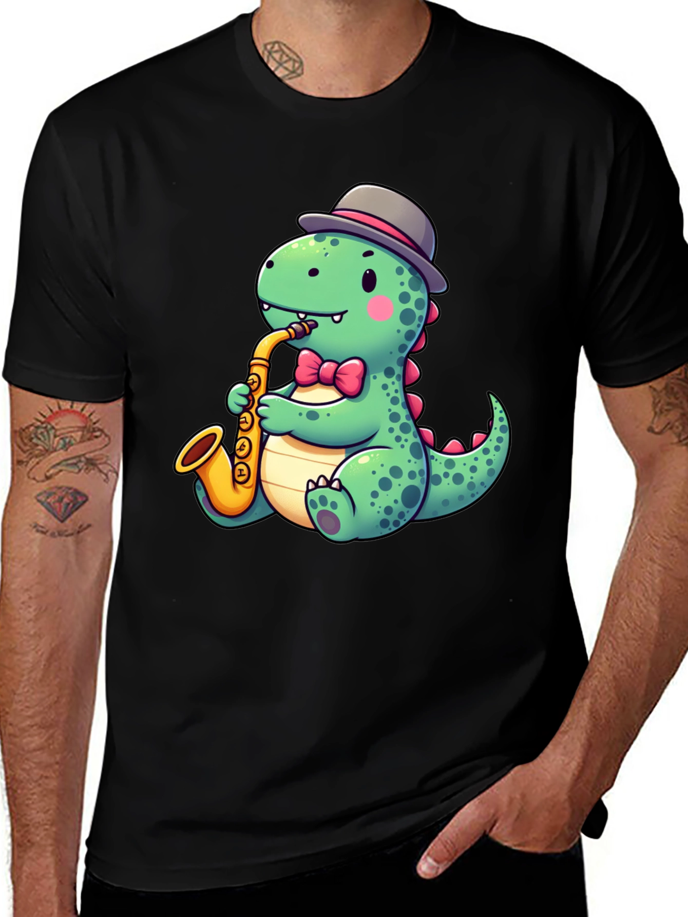 Dapper Dino Sax T-Shirt - Cool Cartoon Design