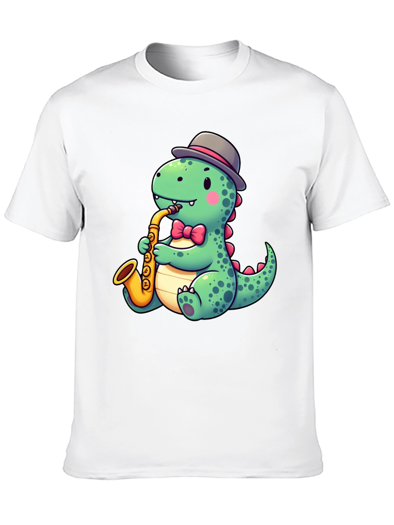 Dapper Dino Sax T-Shirt - Cool Cartoon Design