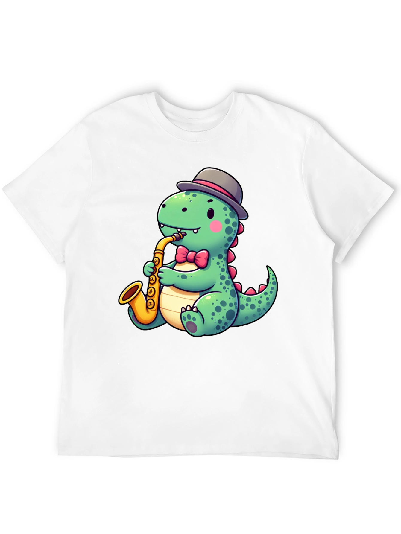 Dapper Dino Sax T-Shirt - Cool Cartoon Design