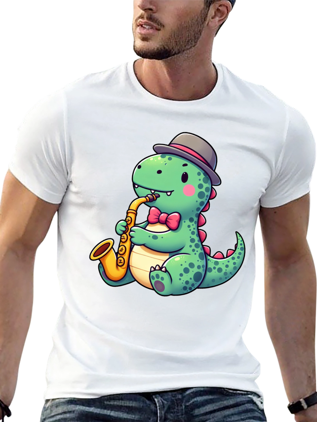 Dapper Dino Sax T-Shirt - Cool Cartoon Design