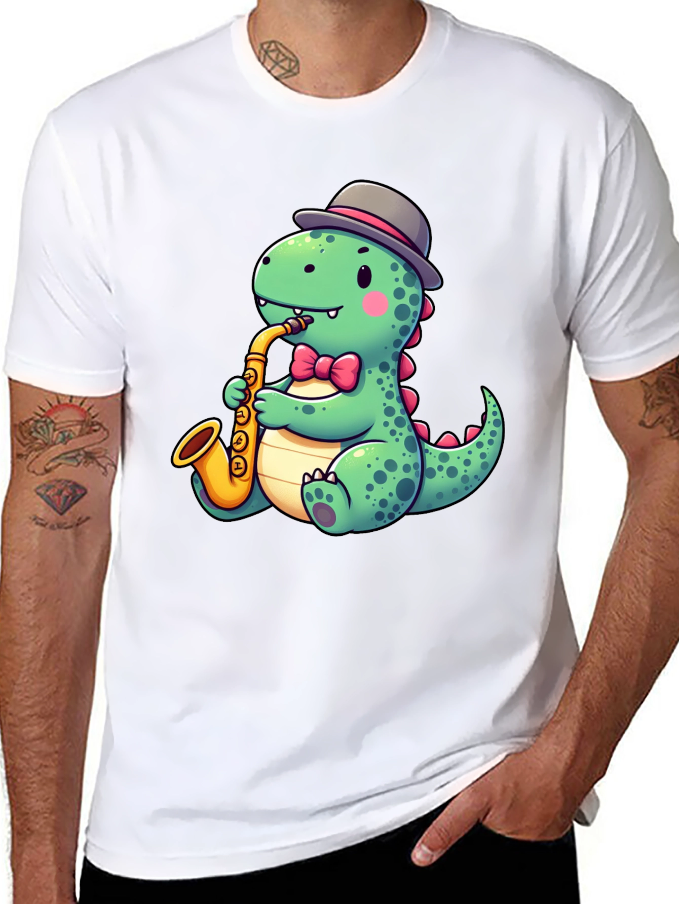 Dapper Dino Sax T-Shirt - Cool Cartoon Design