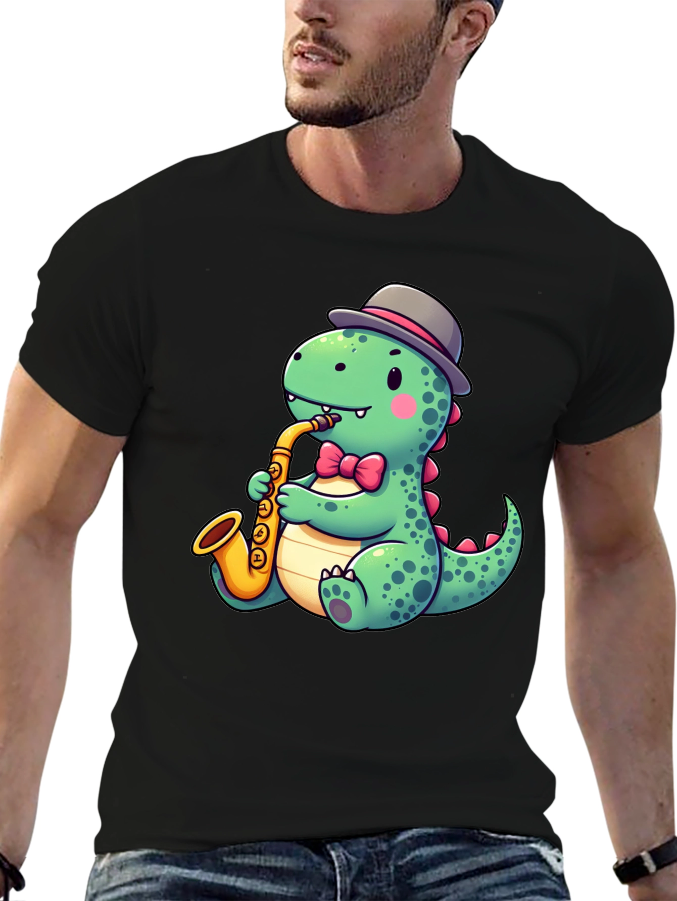 Dapper Dino Sax T-Shirt - Cool Cartoon Design