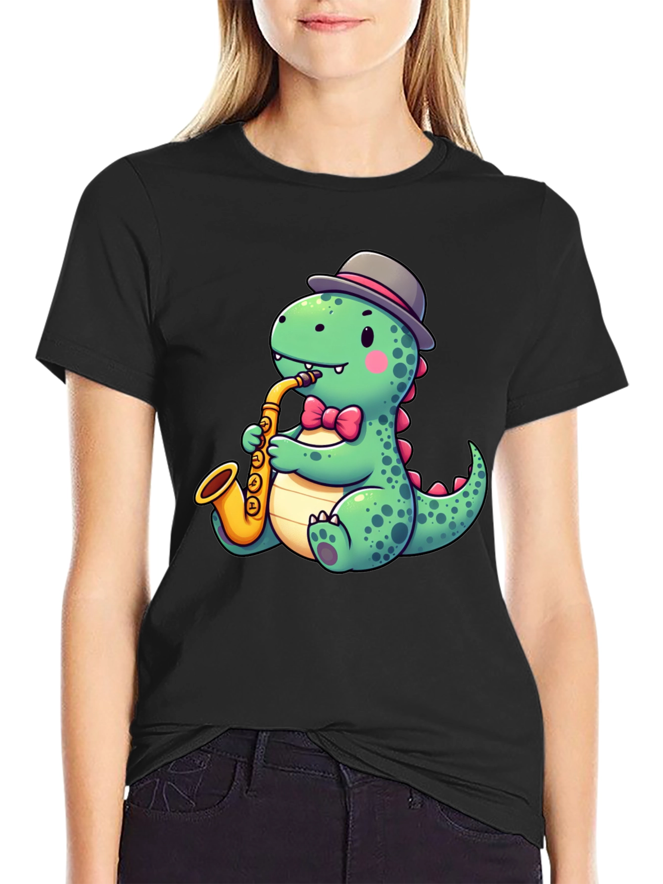 Dapper Dino Sax T-Shirt - Cool Cartoon Design
