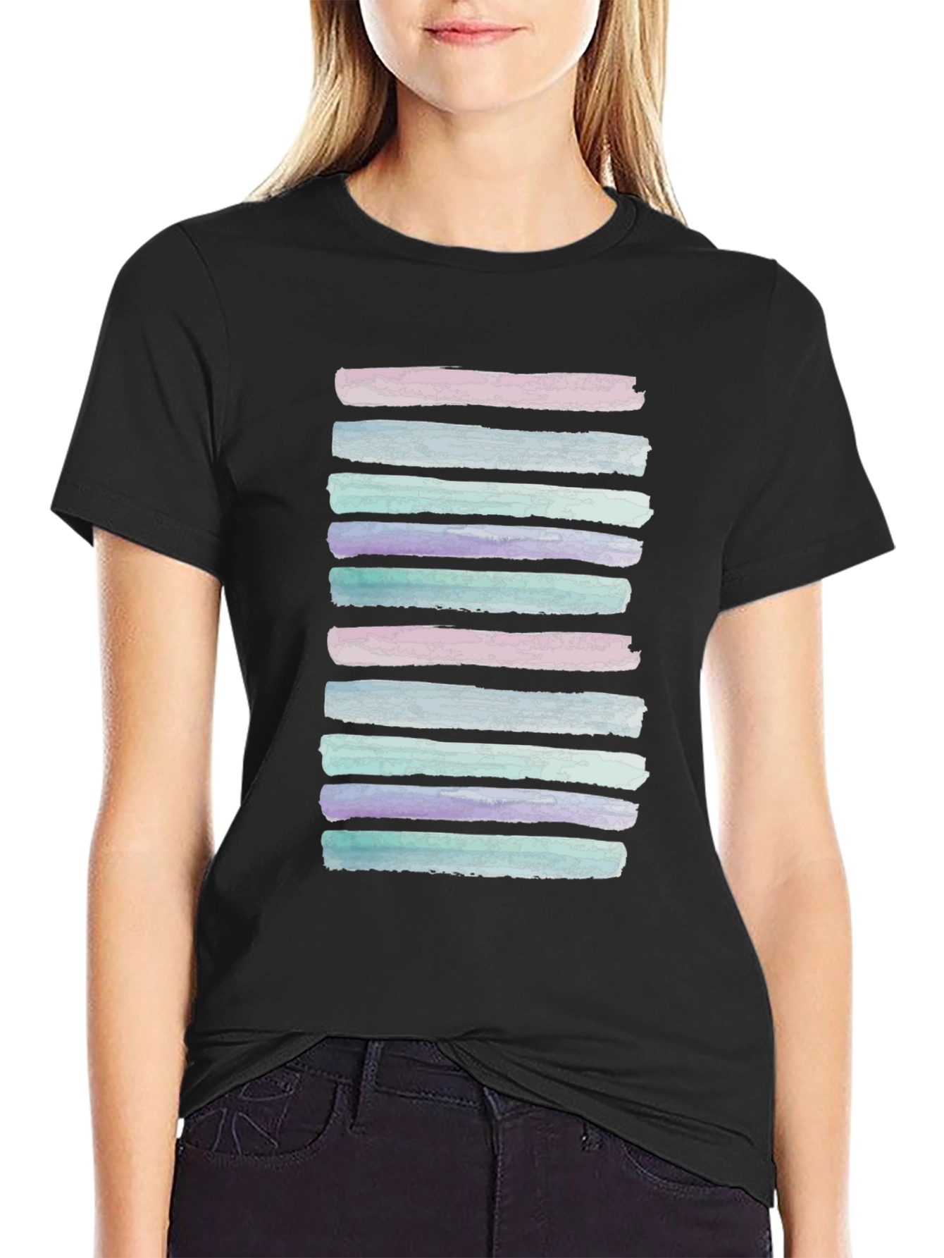 Watercolor Stripes Black T-Shirt
