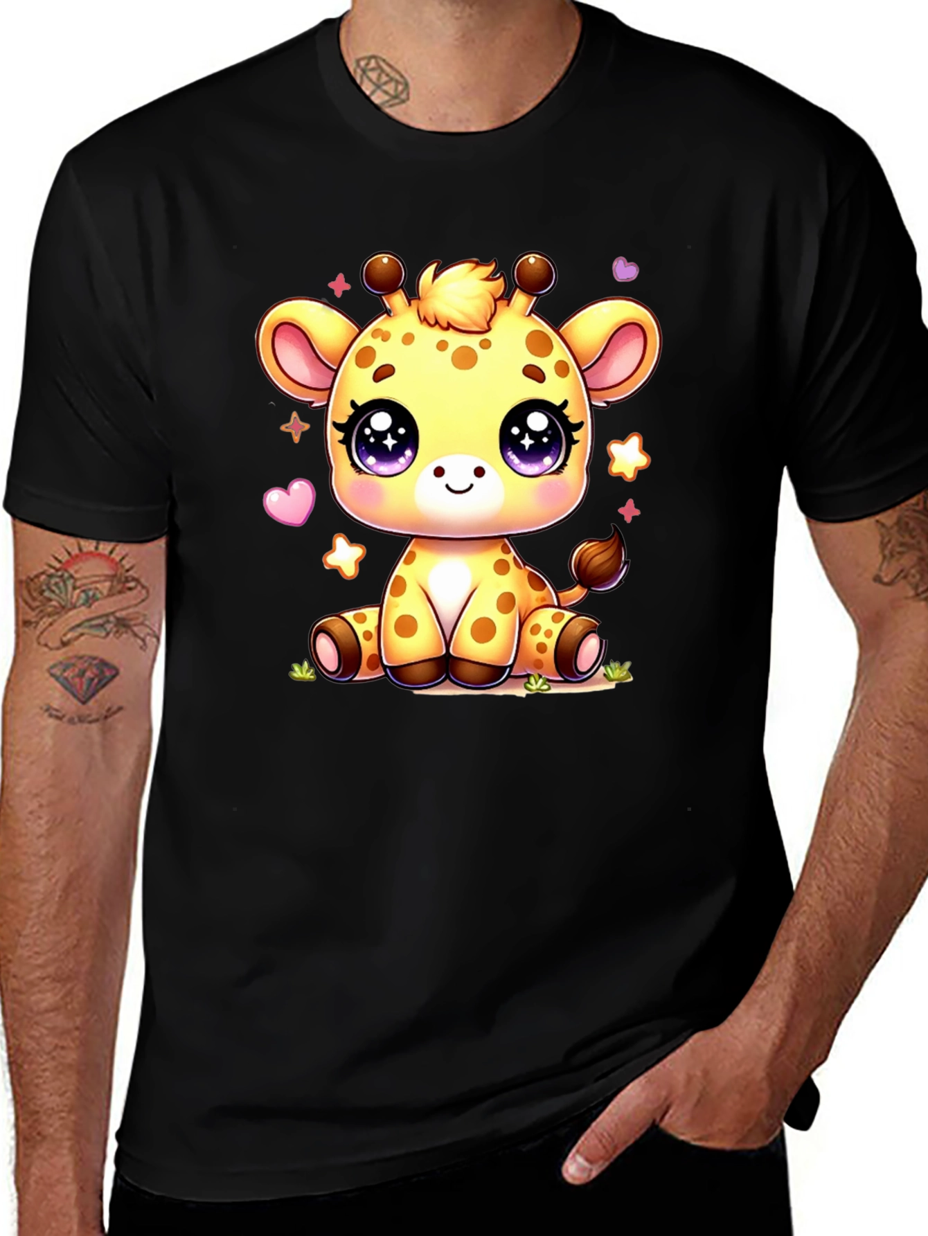 Cute Giraffe Cartoon Black T-Shirt