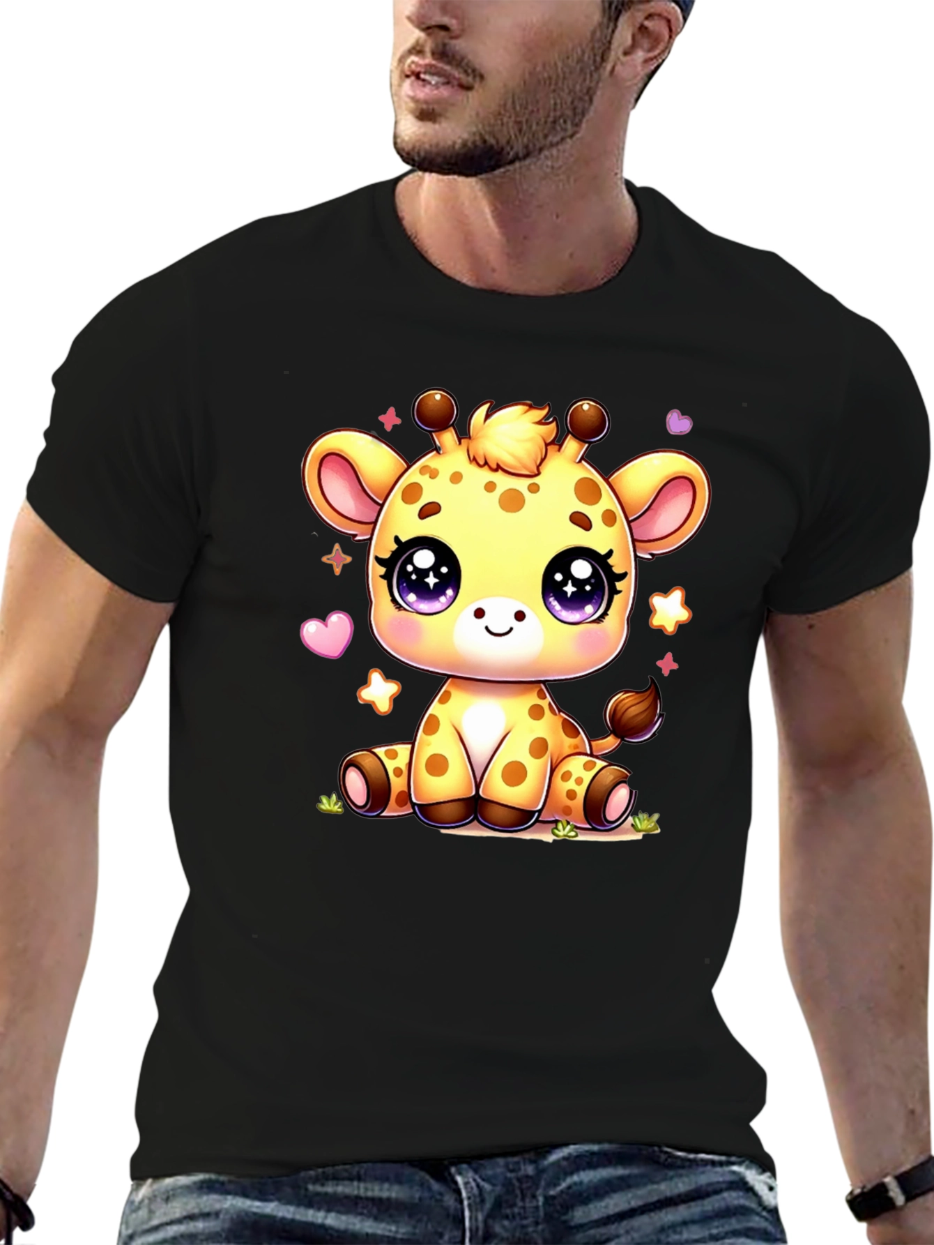 Cute Giraffe Cartoon Black T-Shirt