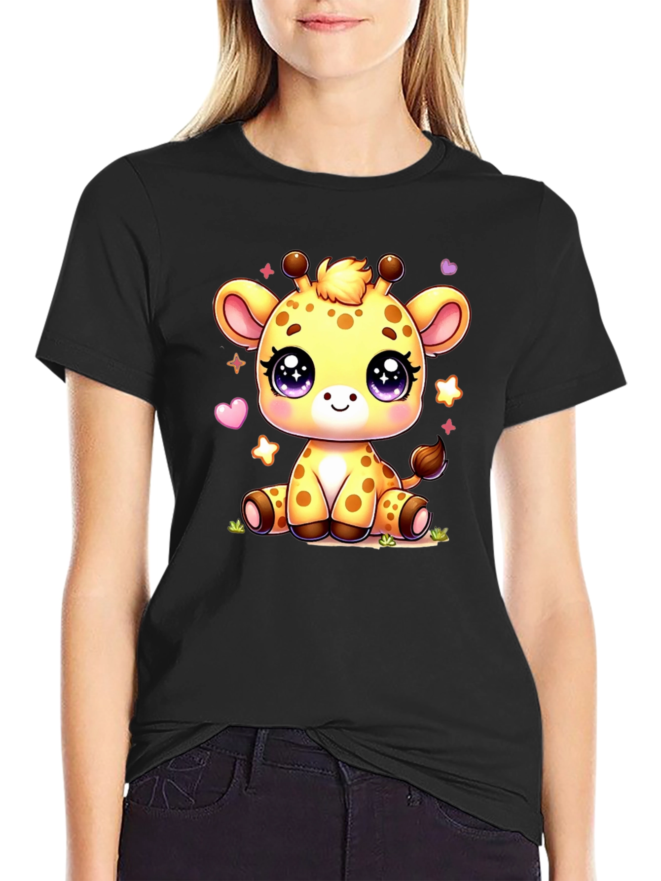 Cute Giraffe Cartoon Black T-Shirt