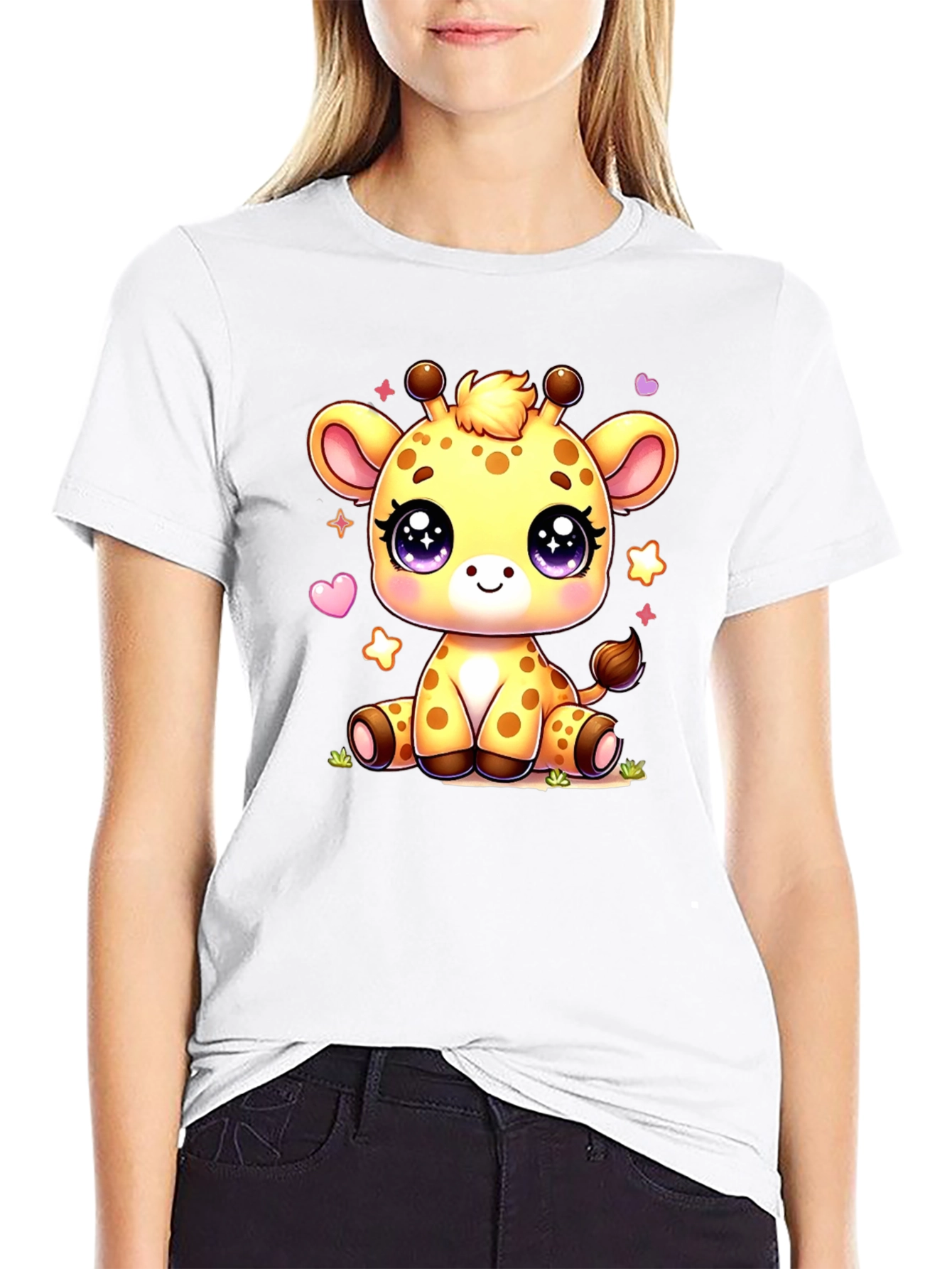 Cute Giraffe Cartoon Black T-Shirt