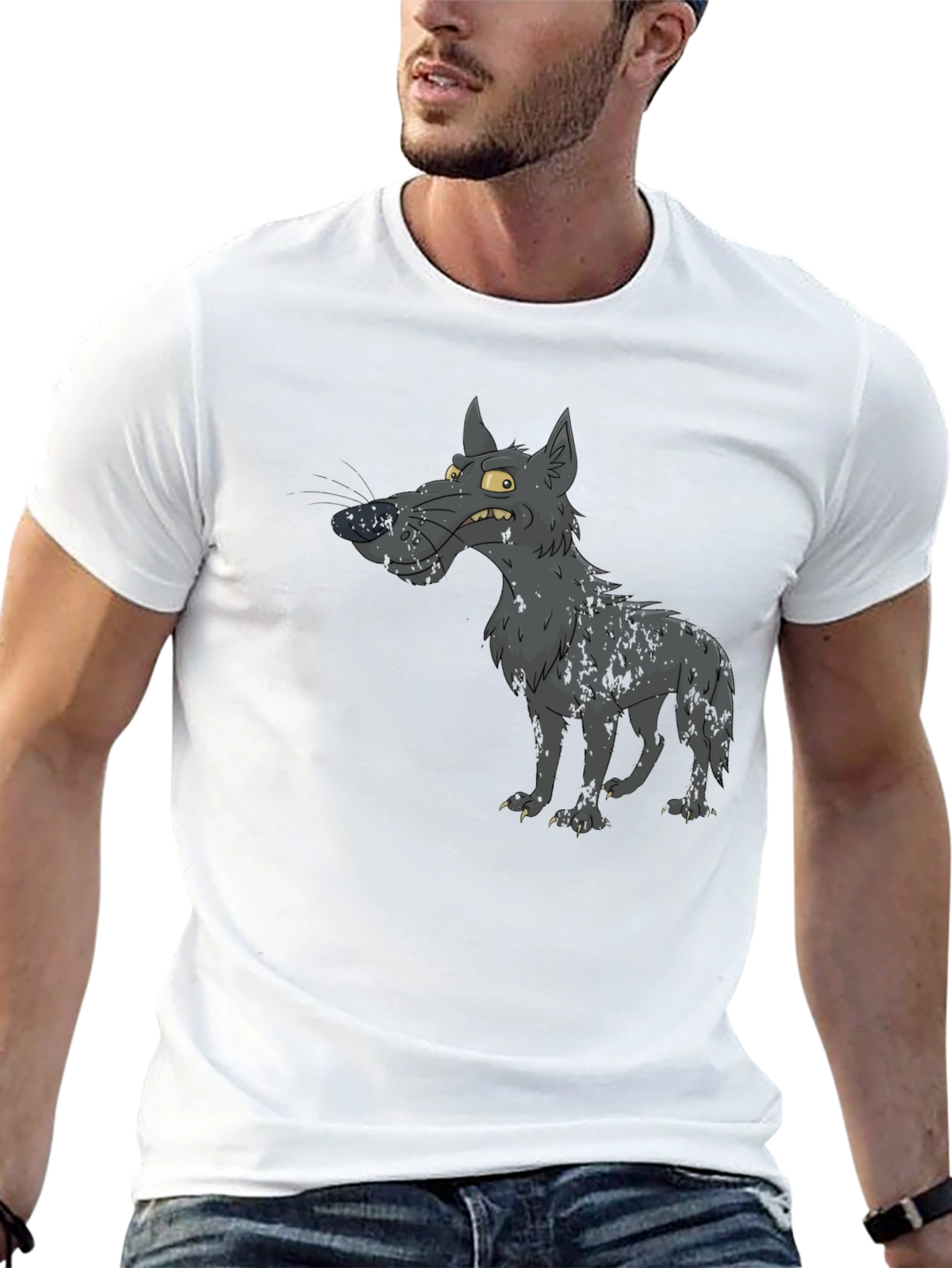 Cartoon Wolf Graphic Print Black T-Shirt