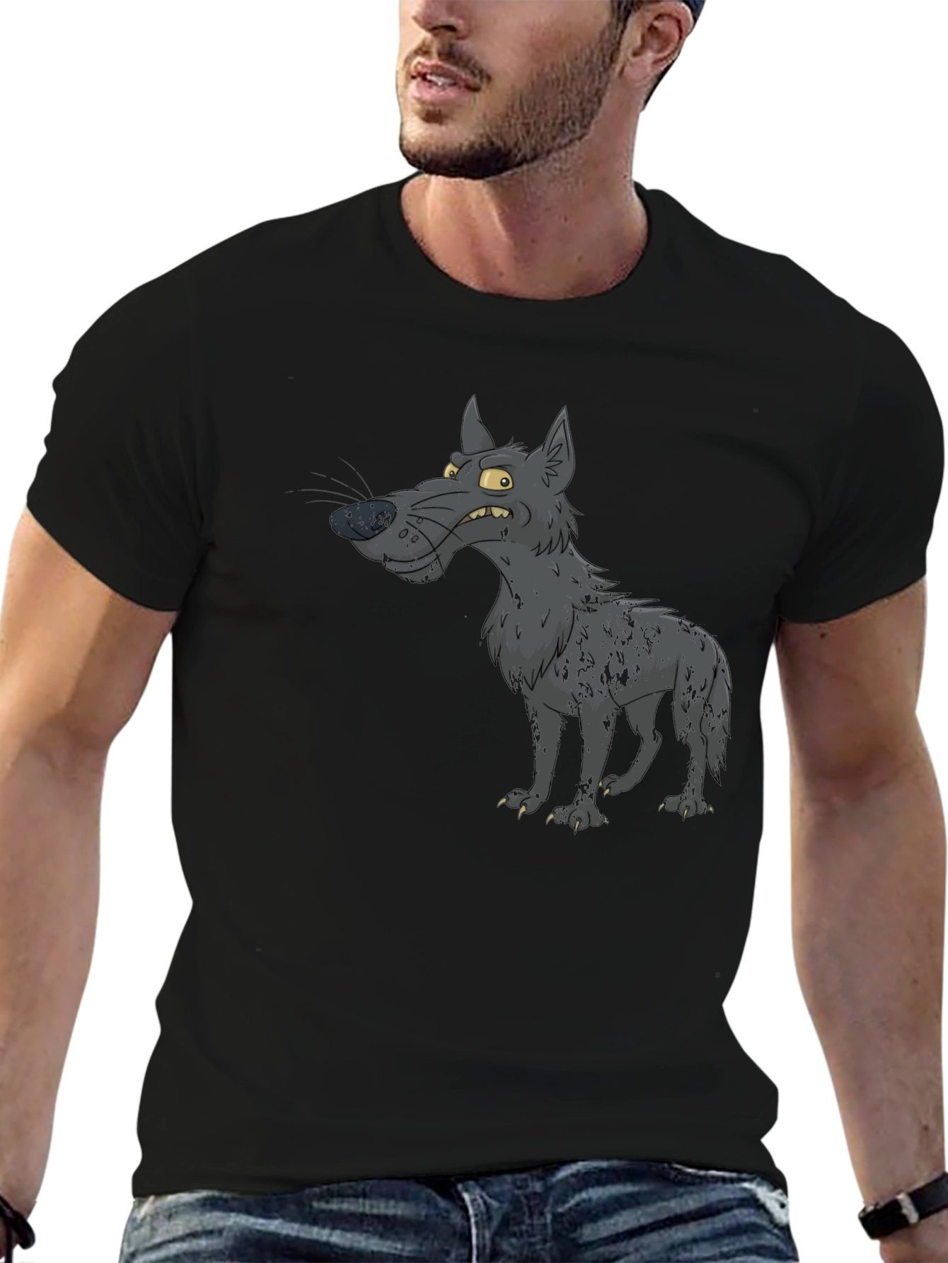 Cartoon Wolf Graphic Print Black T-Shirt