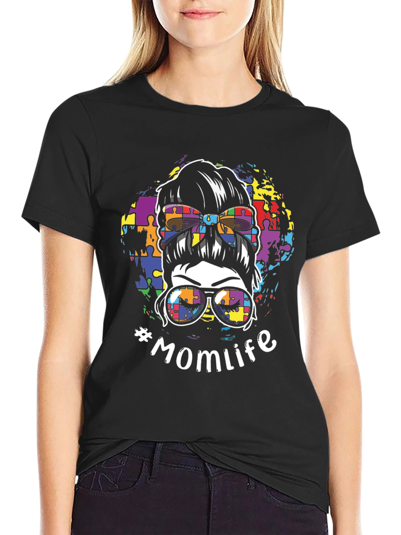 Autism Awareness Momlife Messy Bun Graphic T-Shirt