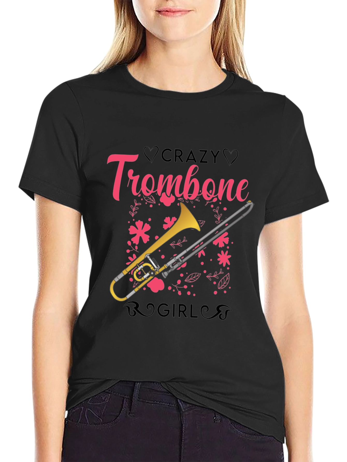 Crazy Trombone Girl Black T-Shirt
