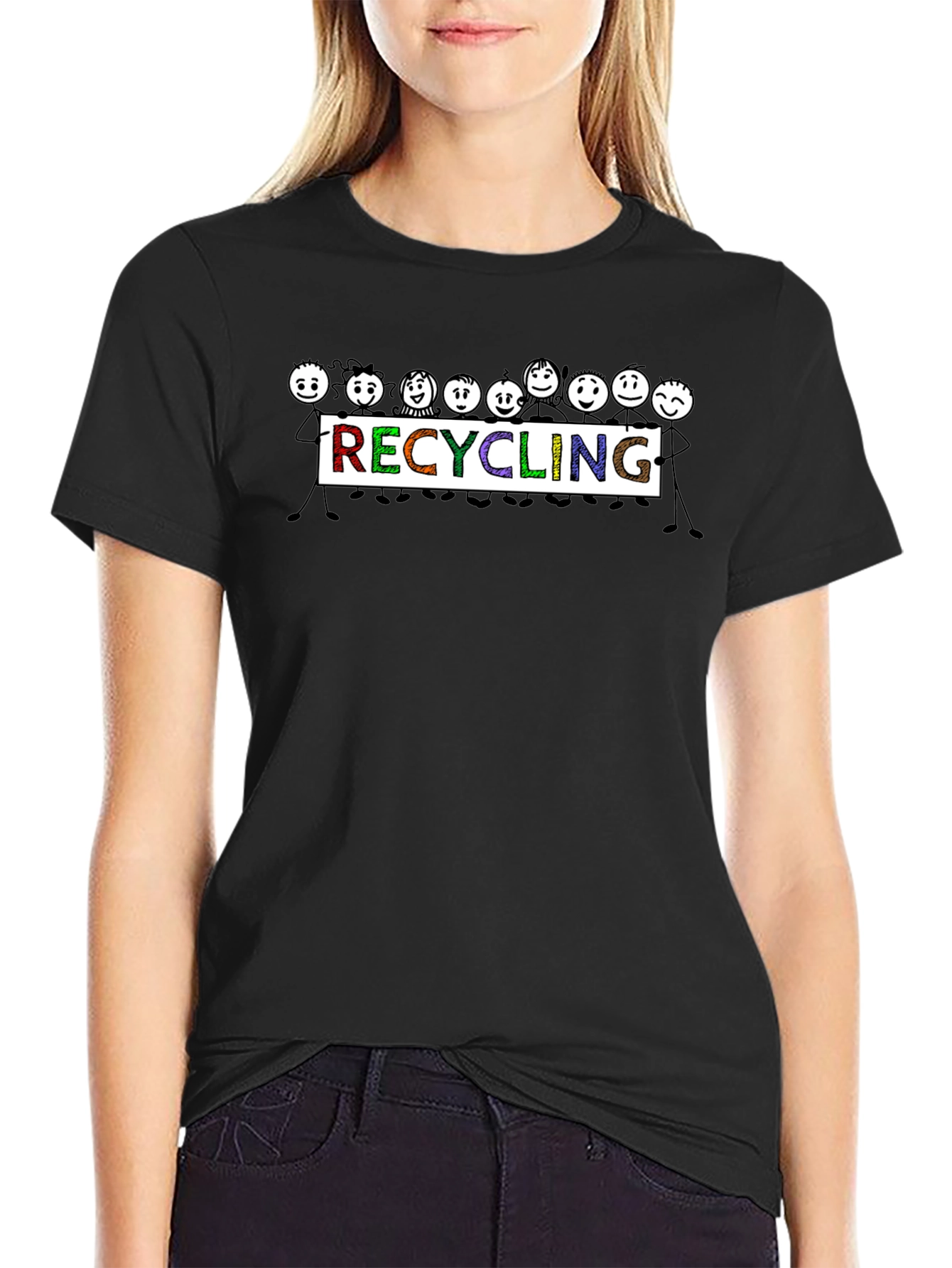 Recycling People Graphic Tee - Black Cotton T-Shirt
