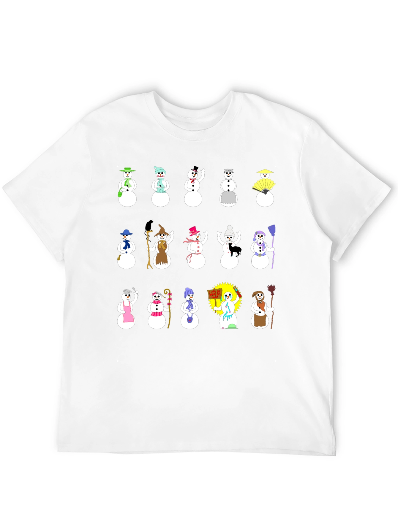 Festive Snowman Pattern Black T-Shirt